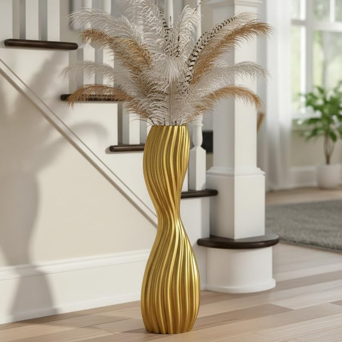 Golden S-Curve Floor Vase, 24 Inch Tall Striped Resin Vases for Home Decor, Large Sturdy Vases with Weighted Base for Dried Pampas Grass, Tall Floor Vase for Living Room, Office & Bedroom