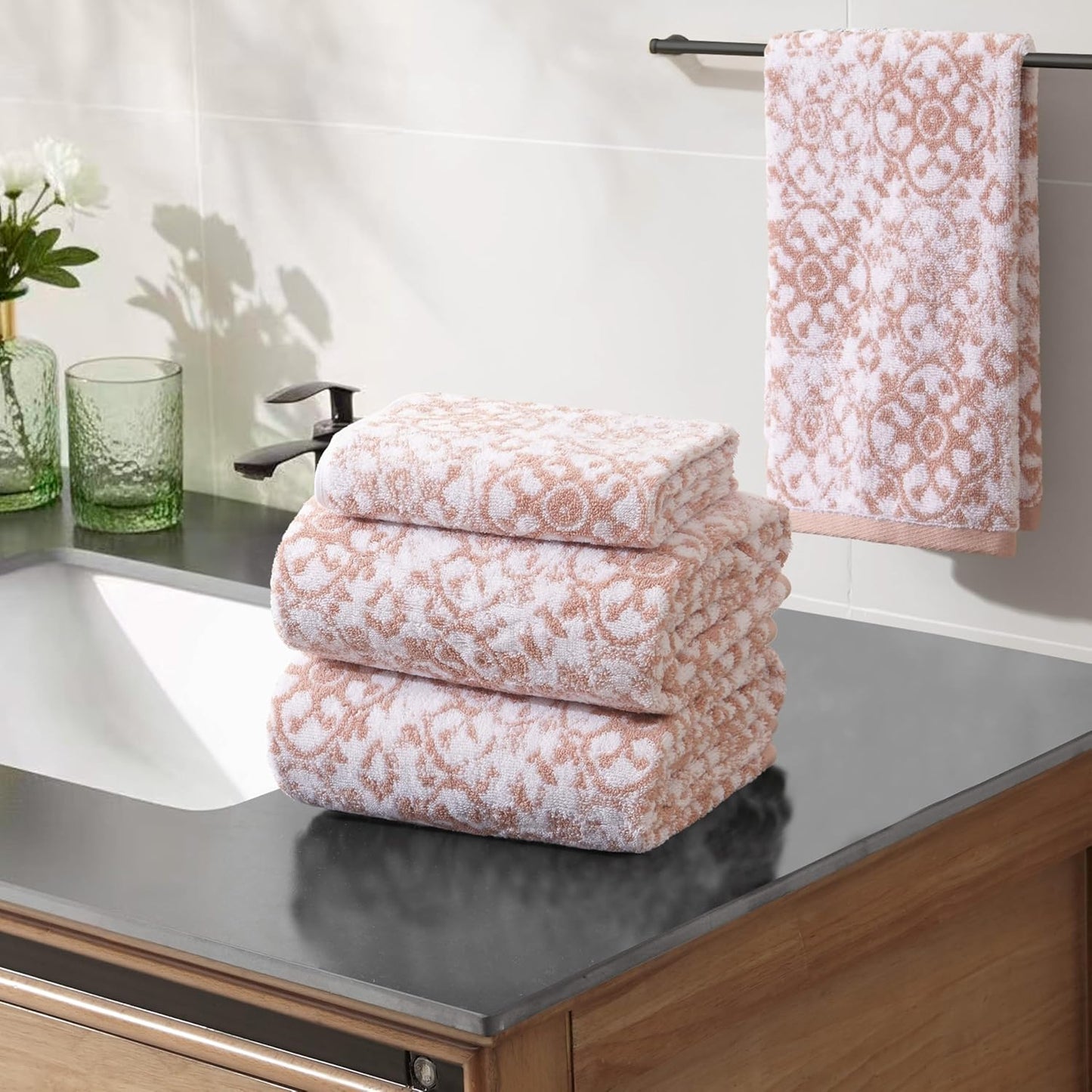 - Bath Towel 4 Piece Set, Aziza, Premium Bathroom Decor, Includes 2 Hand Towels and 2 Shower Towels, 100% Cotton & Machine Washable, Rose Smoke