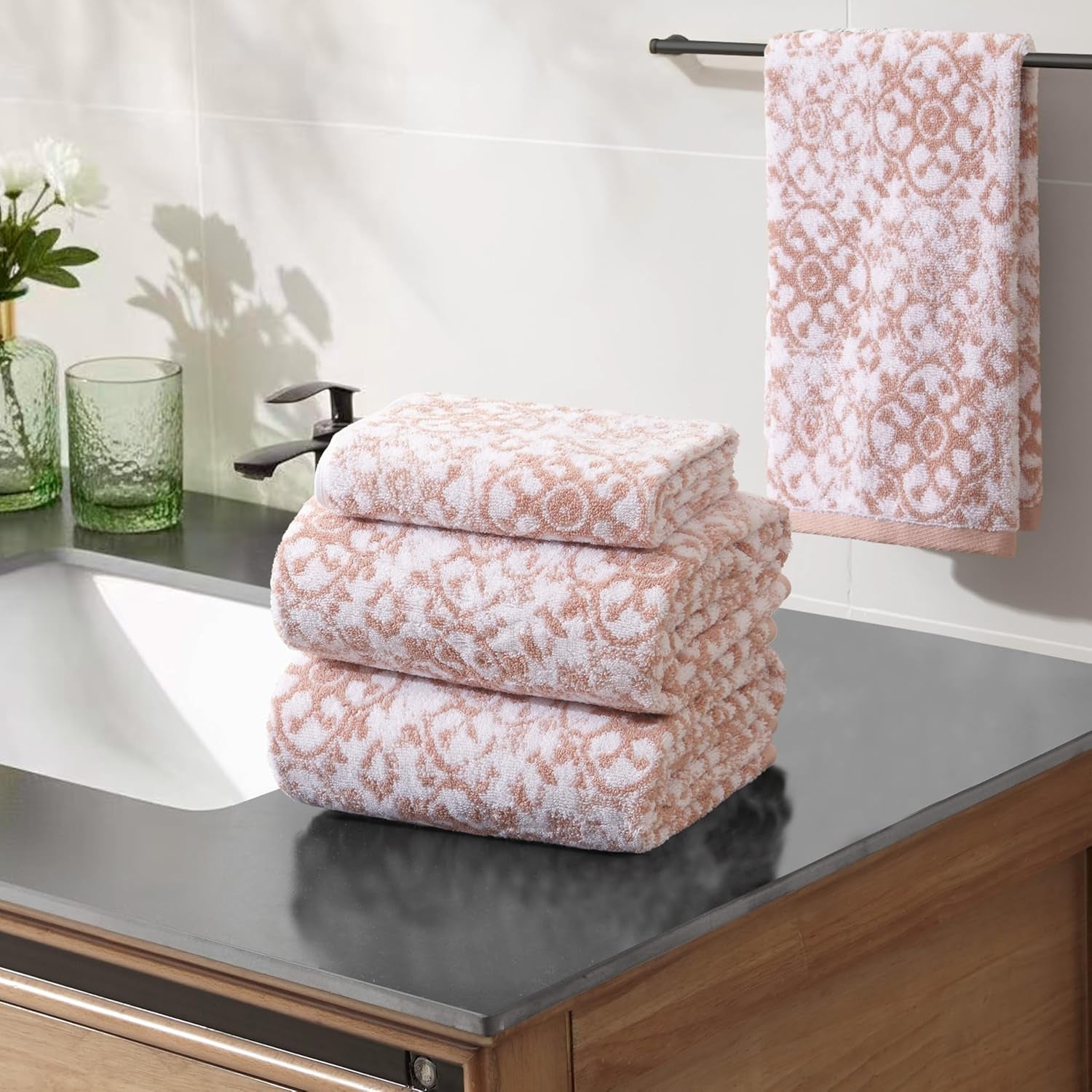 - Bath Towel 4 Piece Set, Aziza, Premium Bathroom Decor, Includes 2 Hand Towels and 2 Shower Towels, 100% Cotton & Machine Washable, Rose Smoke