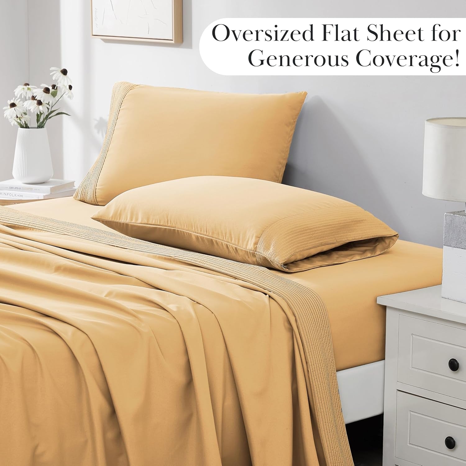 5-Piece Split King Sheet Set, 21-Inch Extra Deep Pocket Split King Adjustable Bed Sheets, with 2 Fitted Sheets, 1 Flat Sheet, and 2 King Pillowcases, Gold Sheets