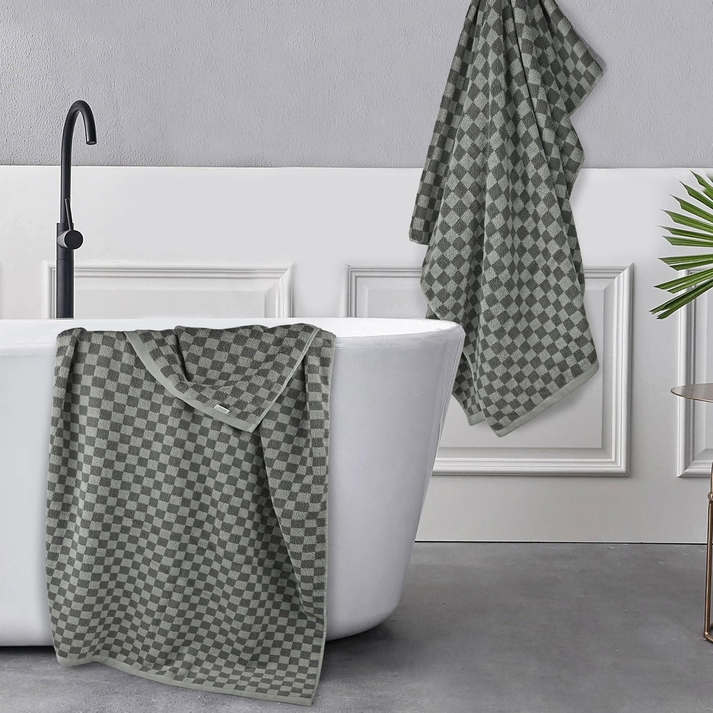 Grey Towels Set of 6, Cotton Towels for Bathroom Quick Drying and Soft, 2 Bath Towels and 4 Hand Towels, Checkered Towel Sets