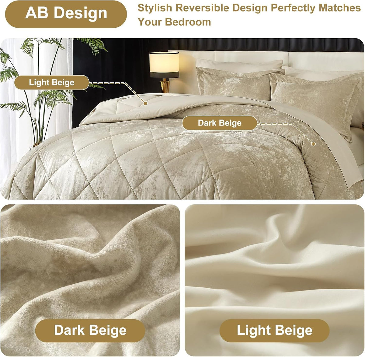 Queen Comforter Set 7 Pieces Bed in a Bag, Beige Velvet Comforter