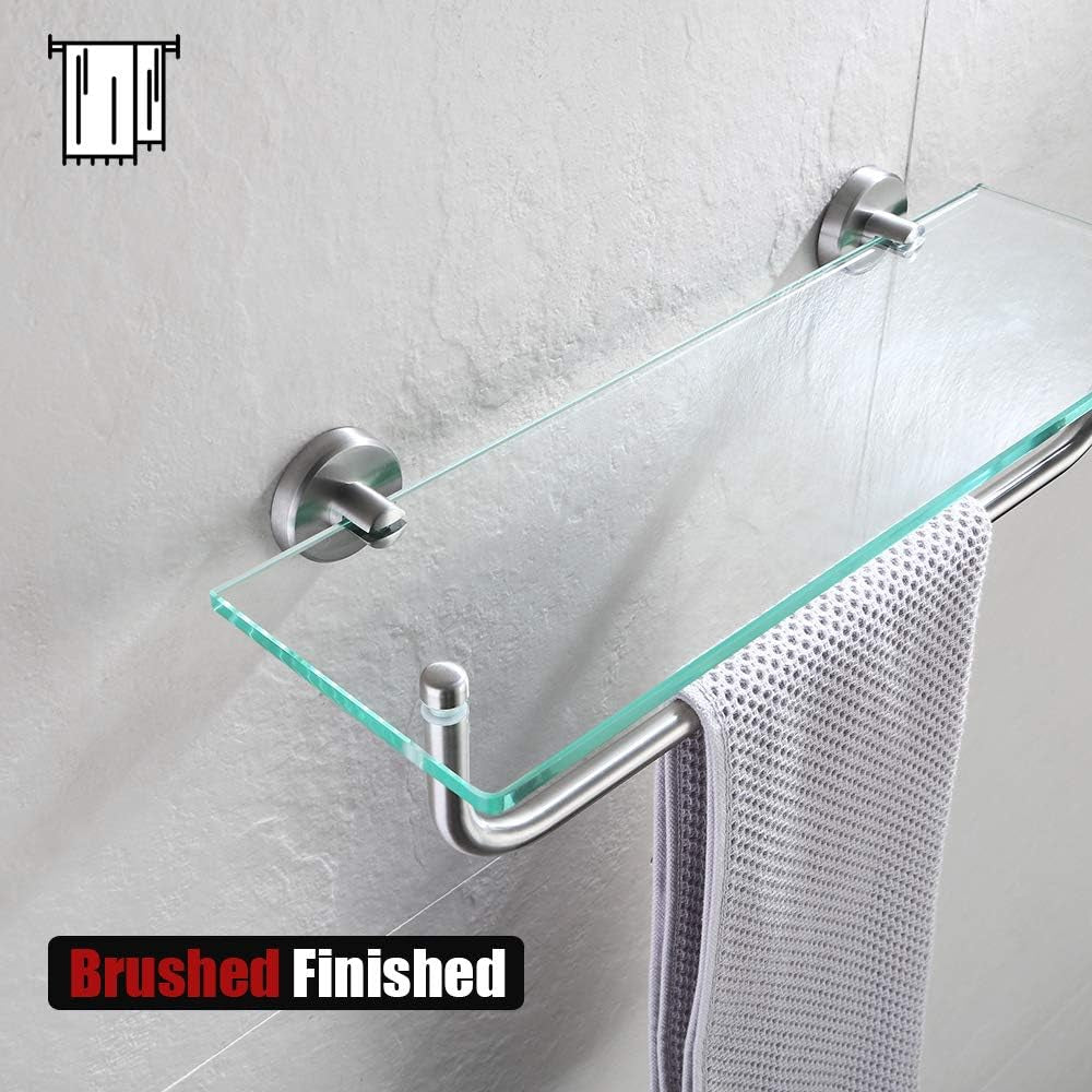 Bathroom Glass Shelf, Shelf with 15 Inch Towel Bar Tempered Glass Shower Storage 16 by 5 Inches, 304 Stainless Steel Brushed Finish Wall Mount, TGS100-BN