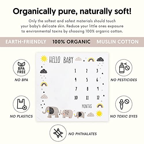 Organic Baby Monthly Milestone Blanket - Elephant Milestone Blanket Baby Boy or Girl with Month Marker - Elephants Milestones Blanket, 1-12 Months, Hello Baby, 47" X 47"