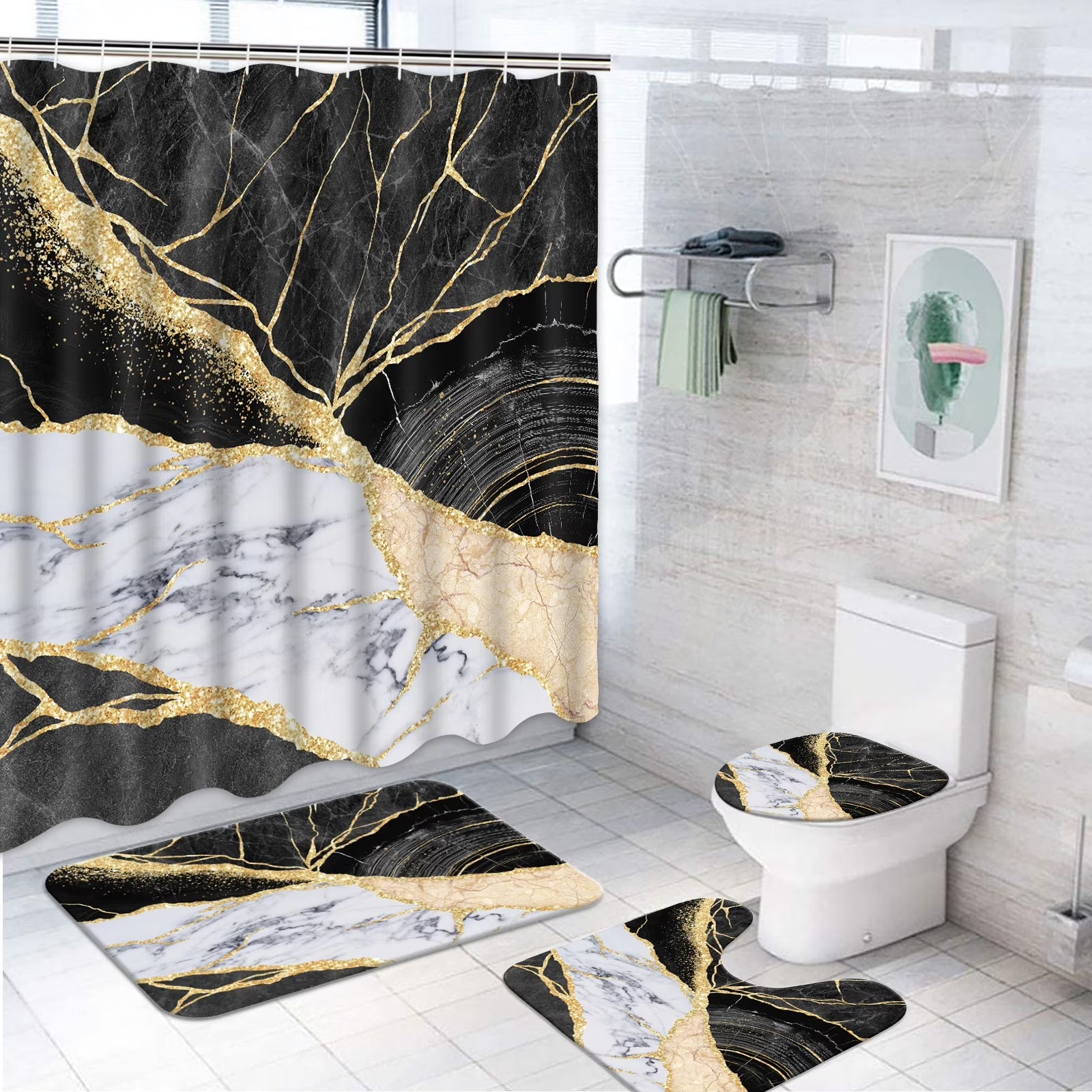 Black Gold Marble Shower Curtain Sets with Rugs, 16 Pc Modern Abstract Bathroom Sets, Waterproof Fabric Bathroom Curtain Decor with Hooks