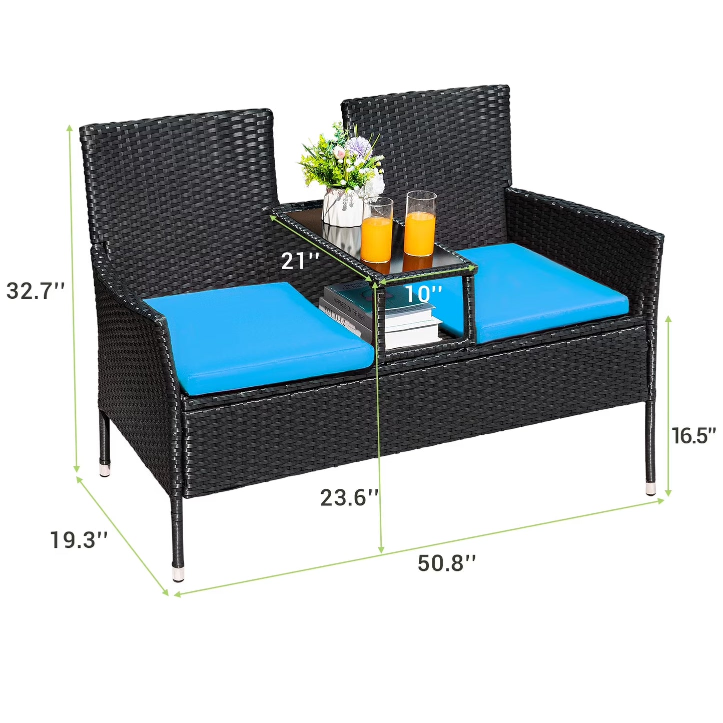 Outdoor Patio Loveseat Rattan Patio Conversation Furniture Set with Coffee Table, Blue