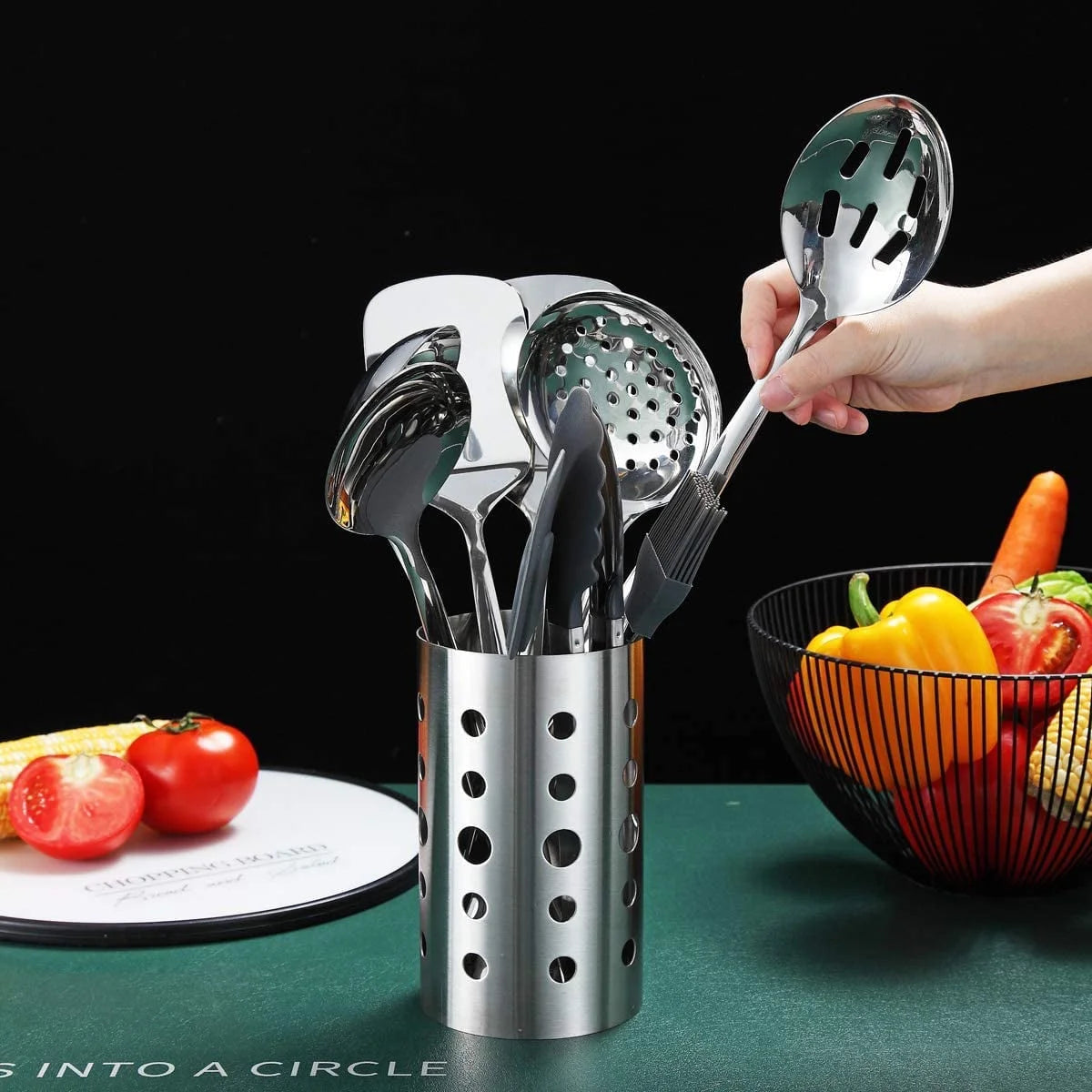 13 Pieces Shiny Stainless Steel Kitchen Utensils Set with Utensil Holder