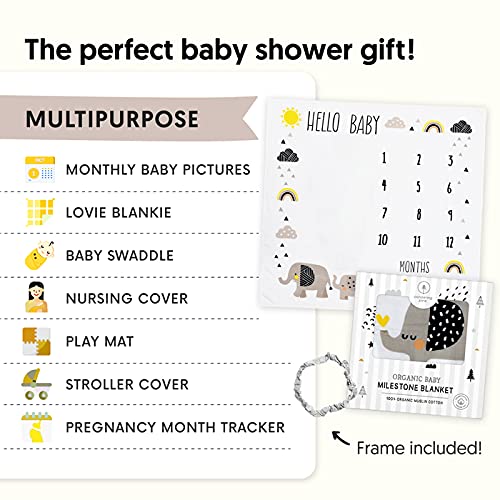 Organic Baby Monthly Milestone Blanket - Elephant Milestone Blanket Baby Boy or Girl with Month Marker - Elephants Milestones Blanket, 1-12 Months, Hello Baby, 47" X 47"