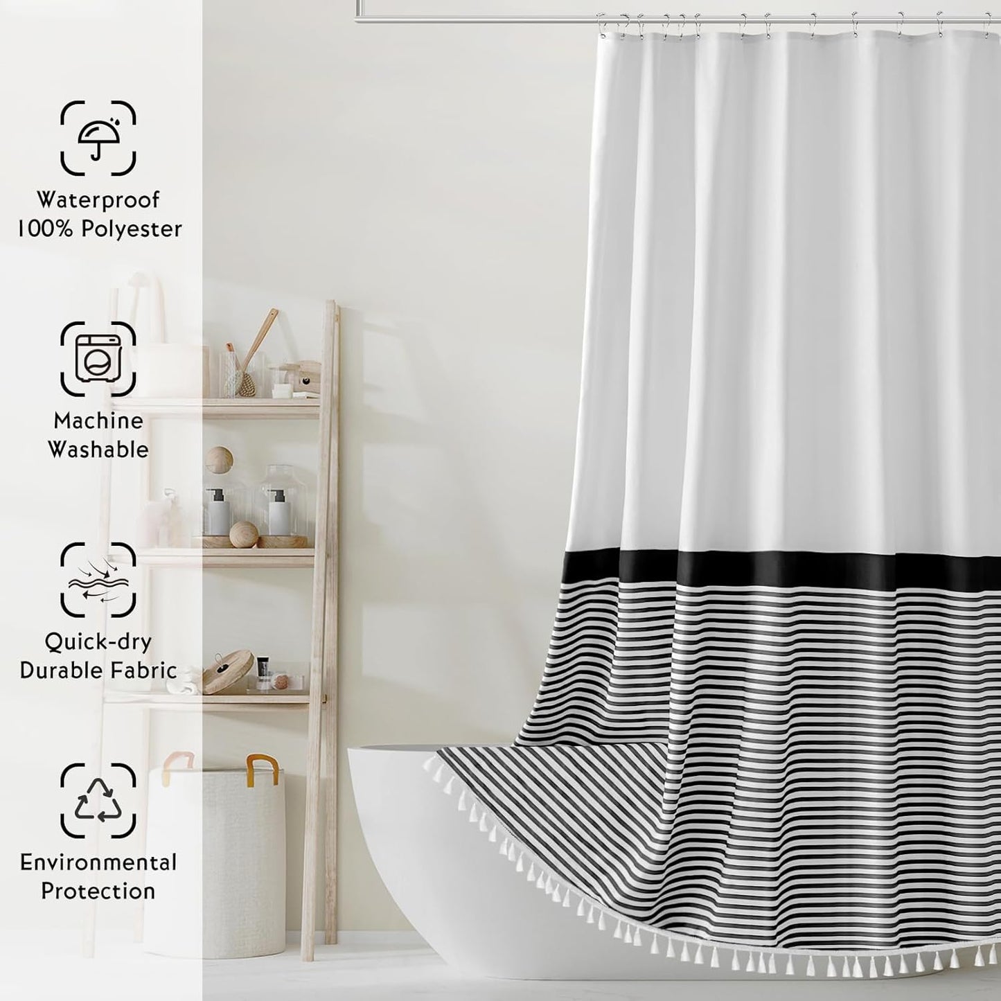Black and White Shower Curtain Striped with Tassels for Bathroom Decor,Heavy Weighted 72-Inch, 72 X 72