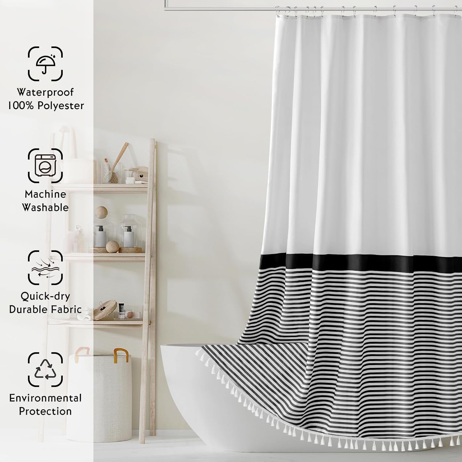 Black and White Shower Curtain Striped with Tassels for Bathroom Decor,Heavy Weighted 72-Inch, 72 X 72