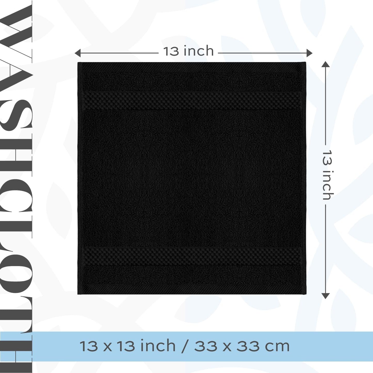 Luxury Cotton Washcloths 13X13 Inch - 650 GSM Turkish Cotton | Hotel, Spa, Bathroom Face Towel | 12 Pack, Black