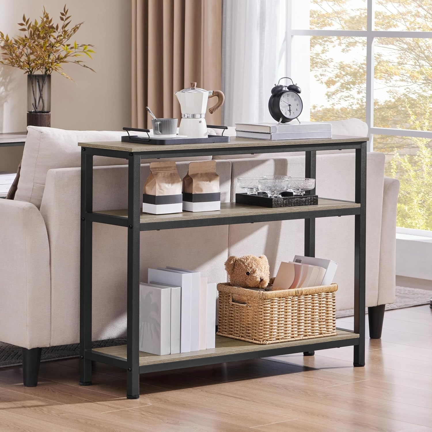 Entryway Table with Storage Shelves, 40 Inch Console Table with Metal Frame, Wood behind Couch Sofa Tables for Entryway, Living Room, Gray
