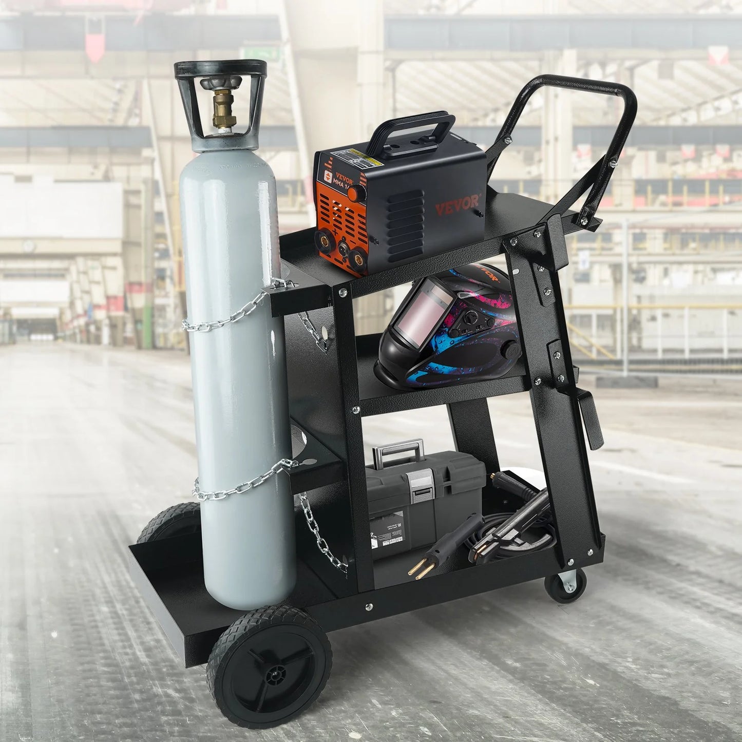 VEVOR Welding Cart, 3-Tier Welder Cart Heavy Duty with 400 Lbs Weight Capacity, 360¡Ã Swivel Wheels, Tank Storage Safety Chains, Rolling MIG Welder Cart for TIG, ARC, MMA, Plasma Cutter Welding Machine