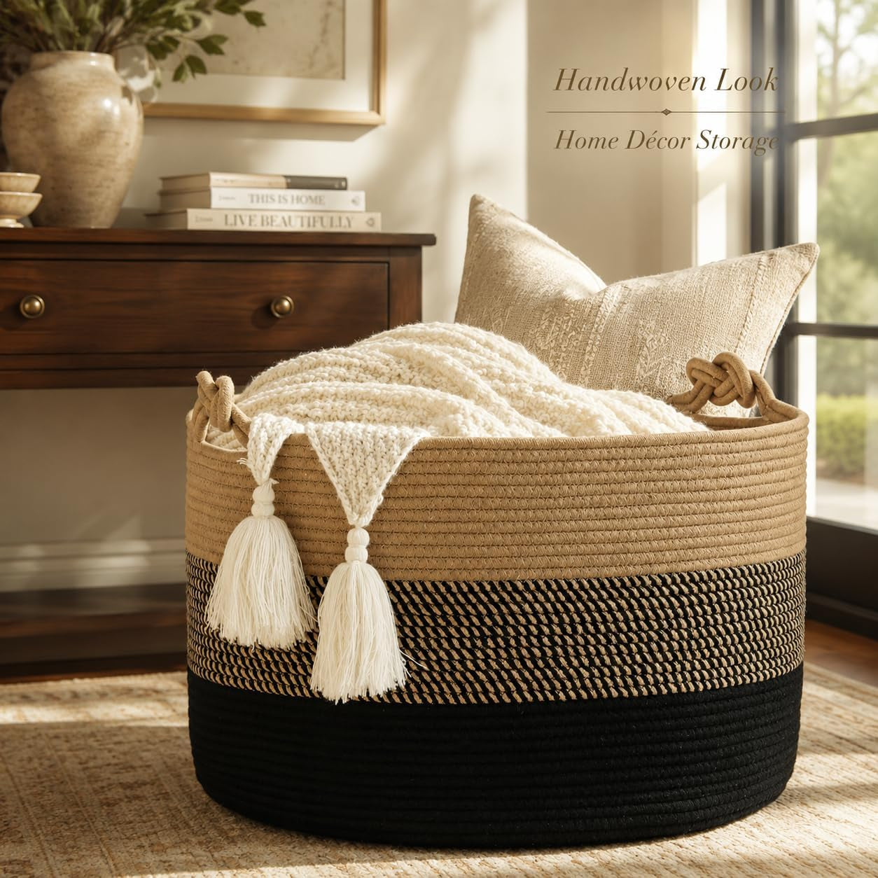 Large Blanket Basket (20"X13"),Woven Rope Baskets for Storage Baby Laundry Hamper, Cotton Rope Blanket Basket for Living Room, Laundry, Nursery, Pillows,Baby Toy Chest (Jute/Black)