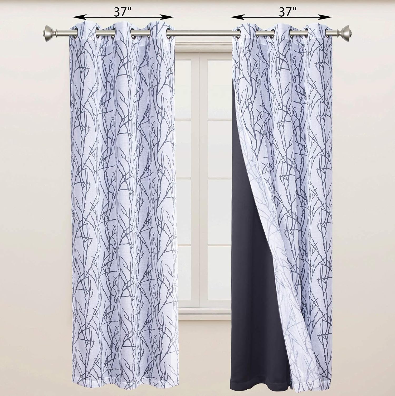 4 Panels Set Mix and Match Curtains for Bedroom Living Room | 2 Pieces Branch Print Sheer Curtains and 2 Pieces Blackout Curtains Privacy Grommet Window Drapes 37X63 Inch/Panel, Grey Dark