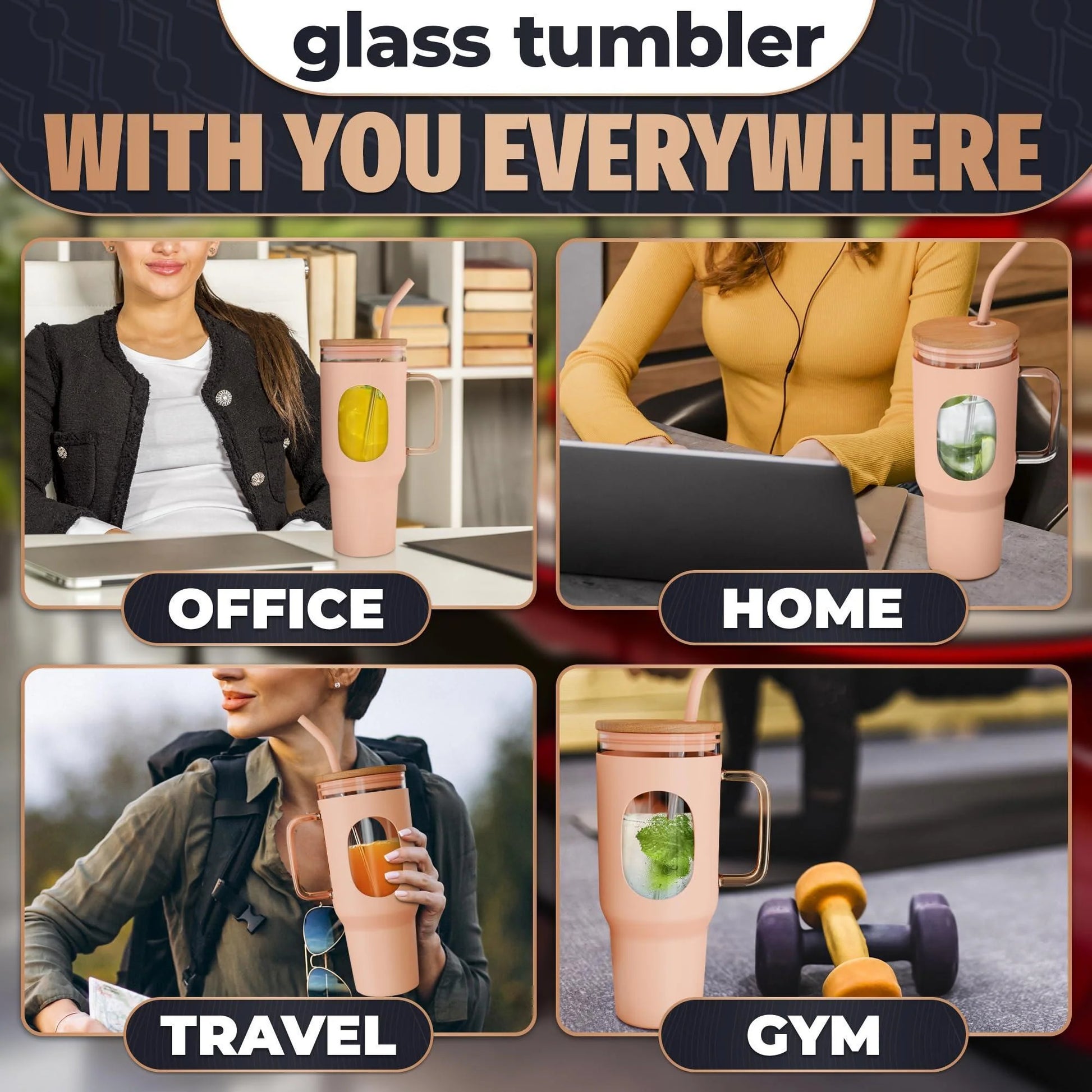 46 Oz Glass Tumbler with Straw and Lid Peach Glass Water Bottle with Natural Bamboo Lid 2 Slim and Boba Straws Silicone Sleeve Dishwasher Safe Car Holder Friendly Ergonomic Grip Easy Visibility