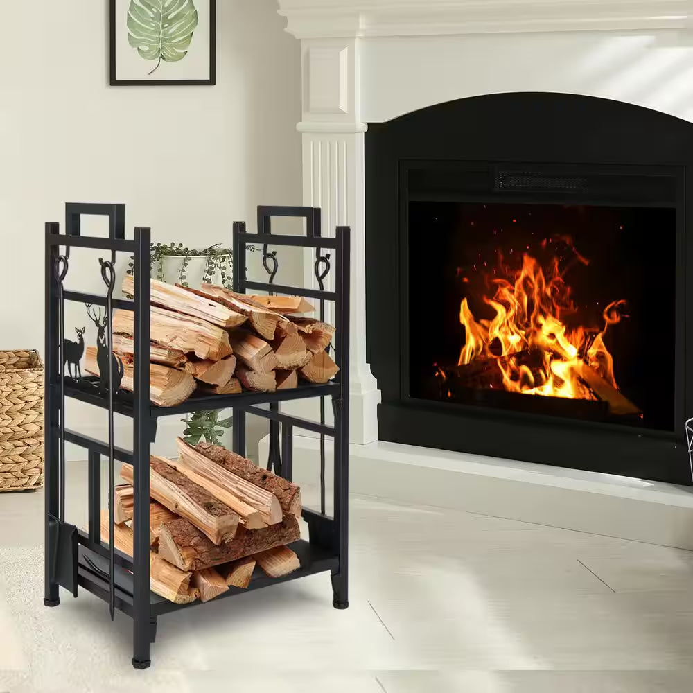 Log Storage Double Layer 30 In. Heavy-Duty Firewood Rack with Tools