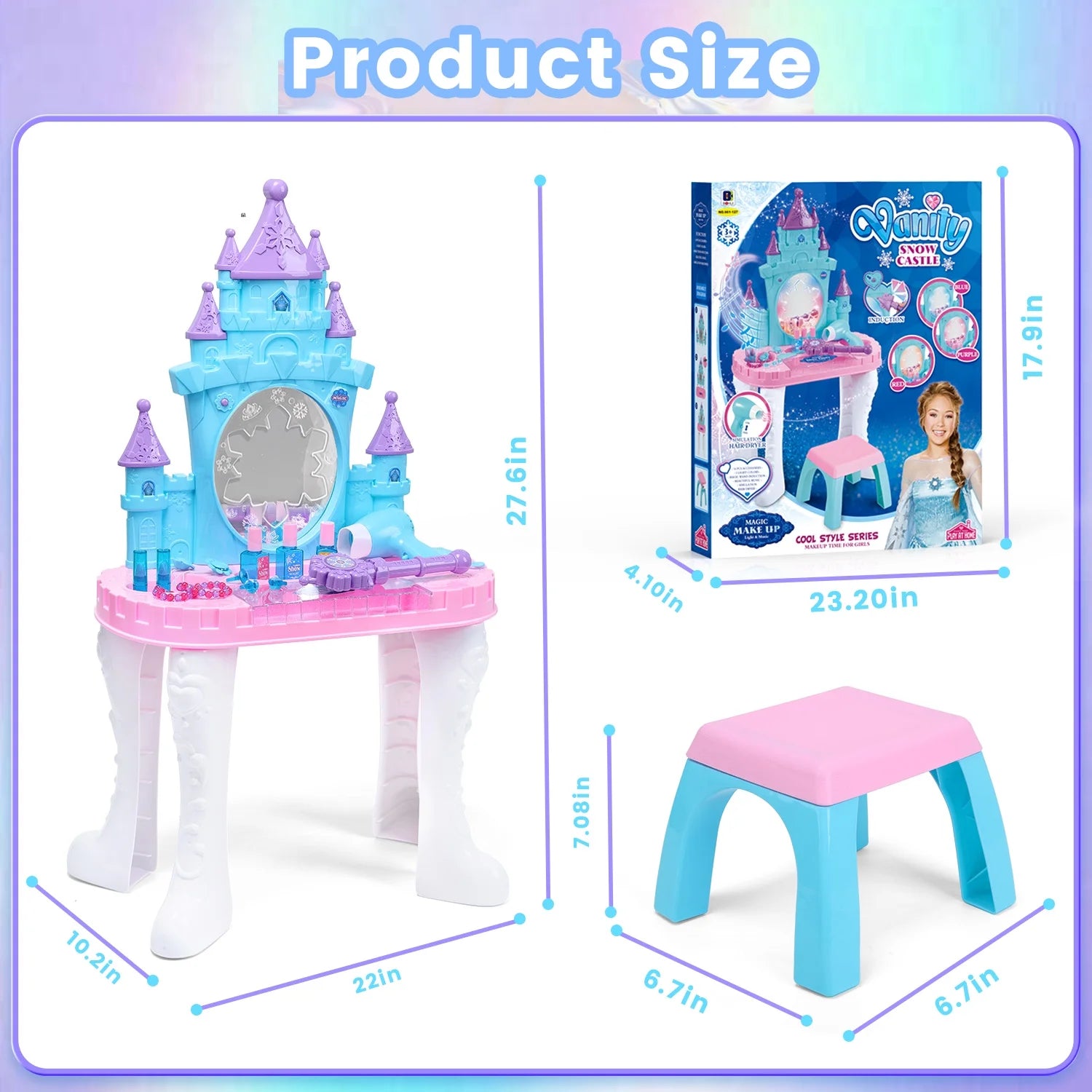 Toddler Makeup Table with Mirror and Chair, Kids Makeup Vanity Set with Accessories and Lights and Music Sounds, Makeup Accessories & Blowdryer for Toddlers 2-5 Years Old