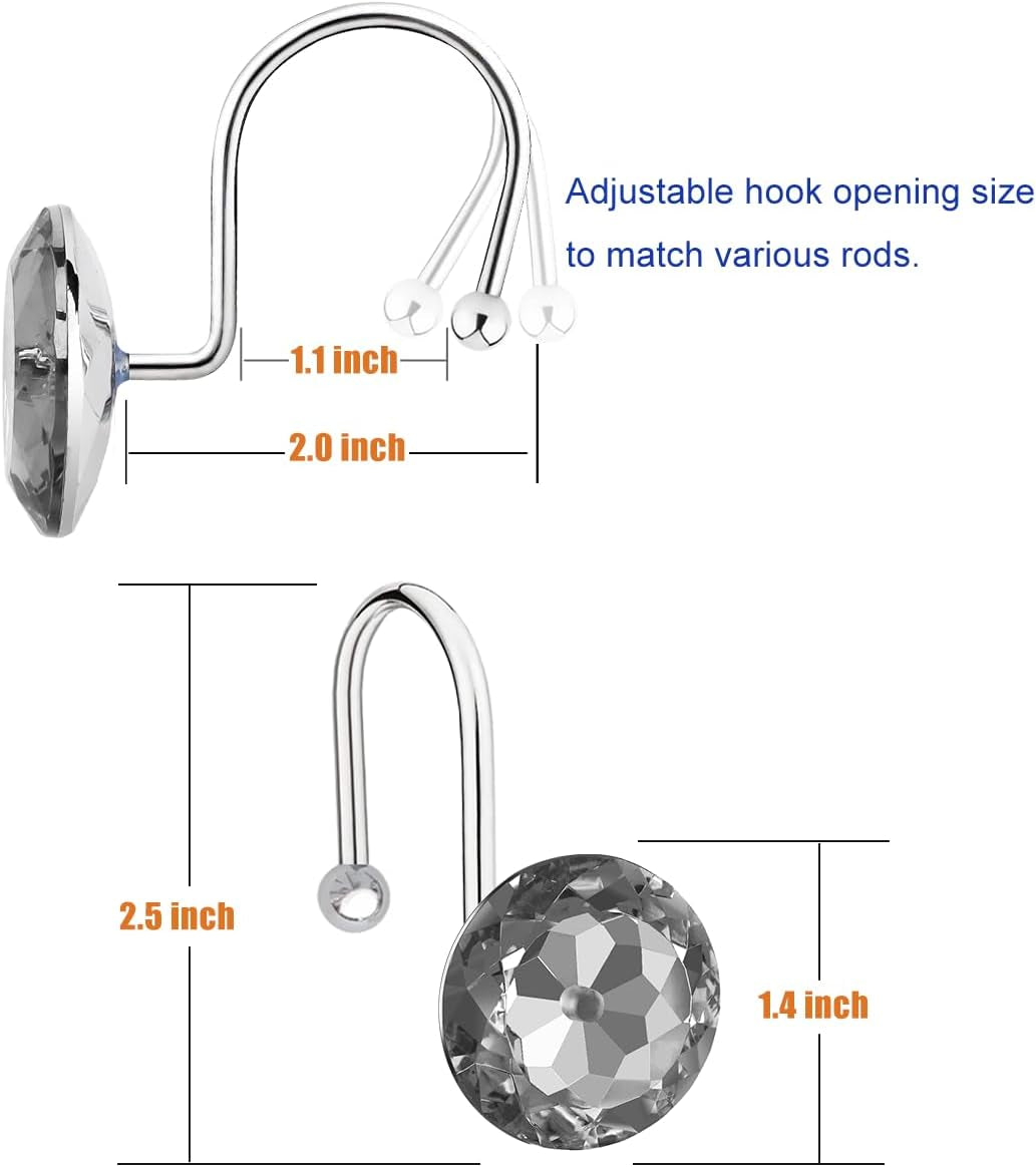 12PCS Shower Curtain Hooks Rings for Bathroom, Stainless Steel Rust Resistant Decorative Rhinestones Shower Curtain Rings Hangers for Shower Curtains, Clothing, Towels, Etc. (Grey)
