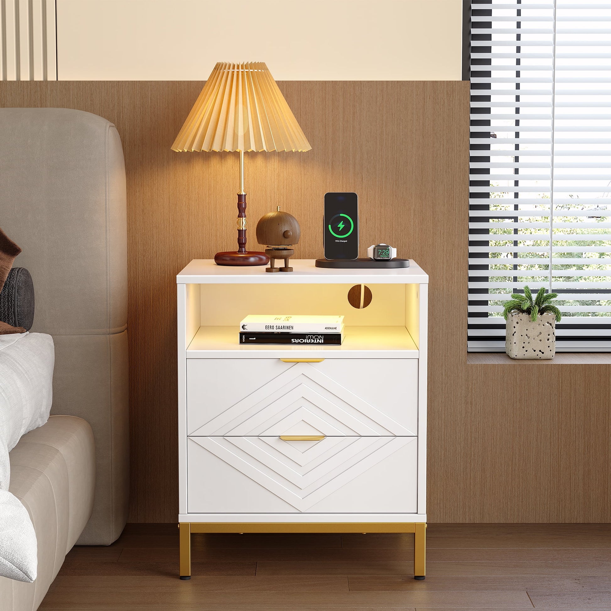 LED Nightstand with 2 Drawers, Charging Station, White Modern Night Table High Gloss End Side Table for Bedroom
