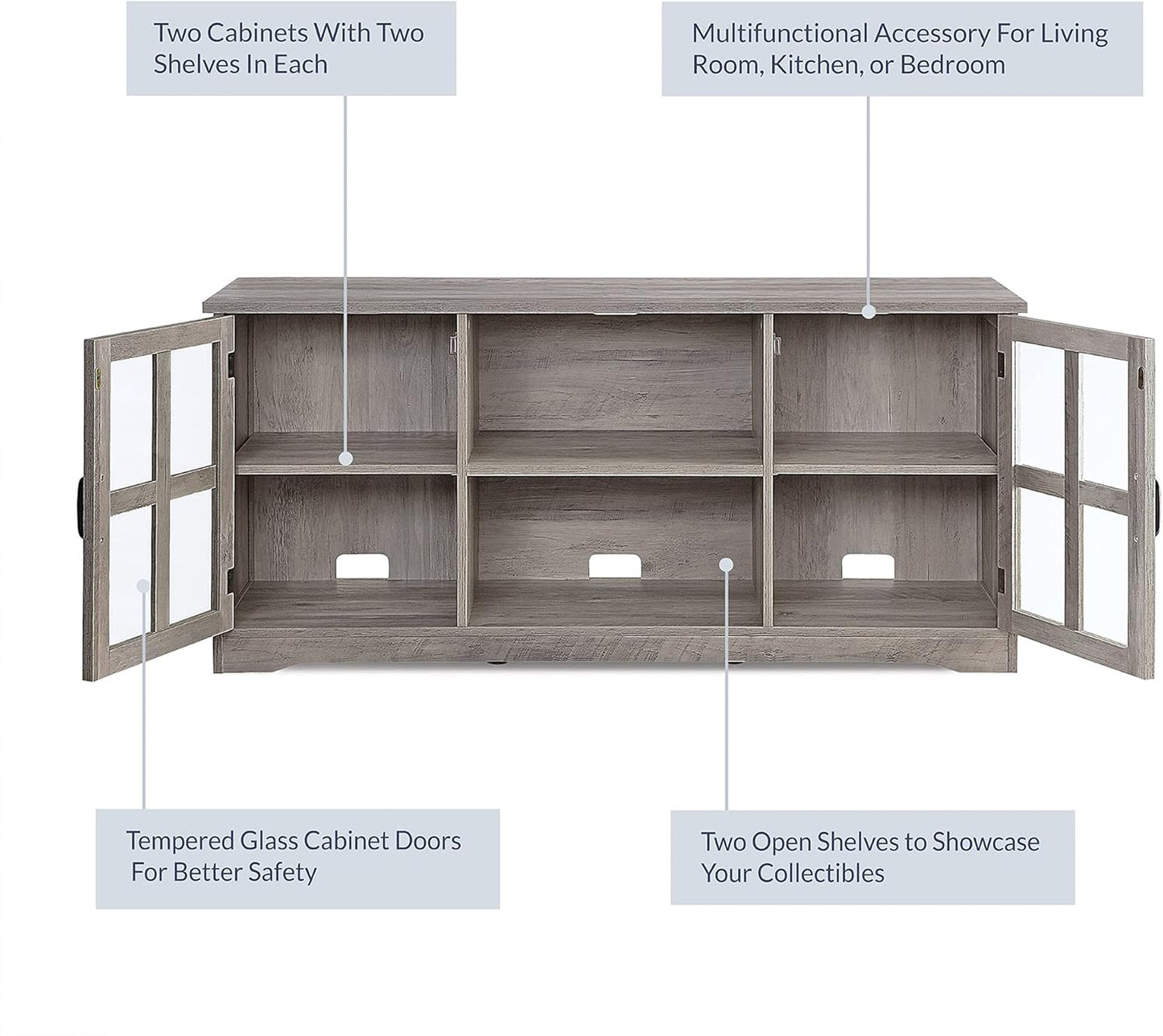 Modern 52 Inch Traditional TV Stand & Media Entertainment Center Console Table for Tvs up to 55 Inch or Sideboard Buffet with Wood Glass Storage Cabinets - Cori (Gray Wash)