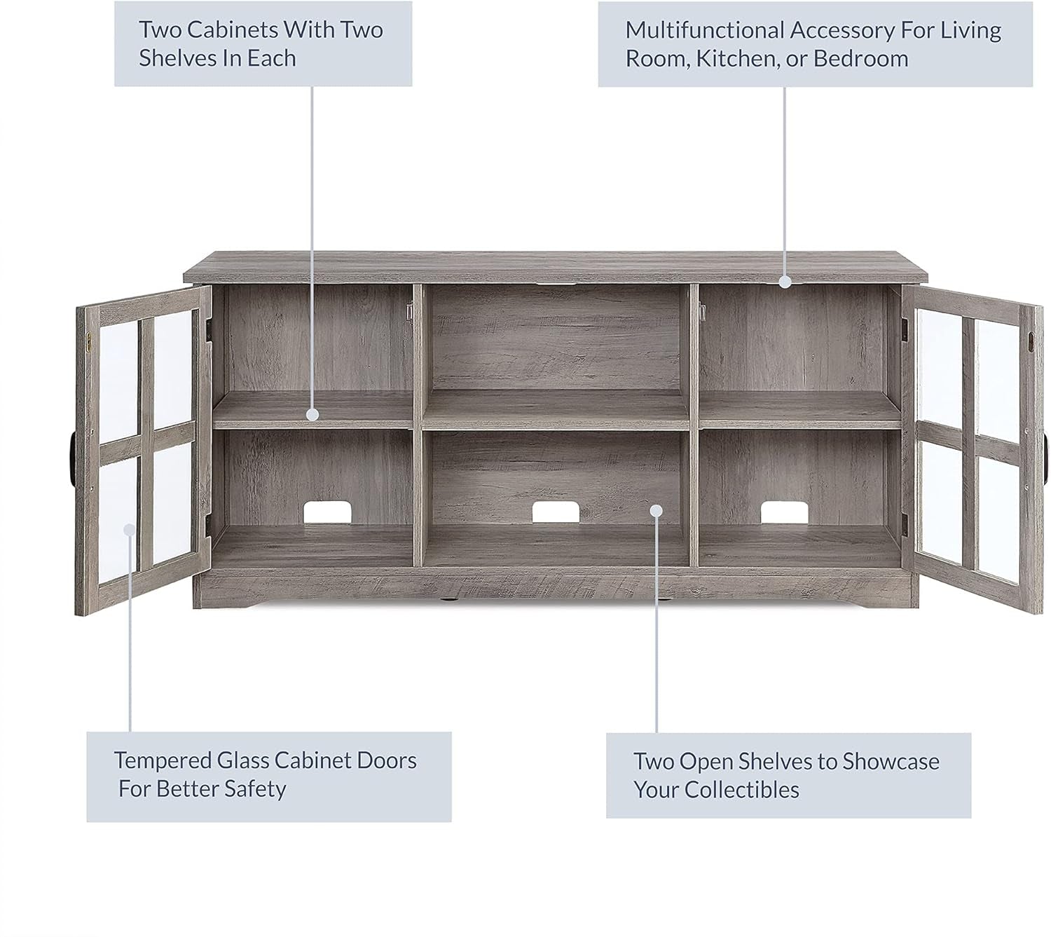 Modern 52 Inch Traditional TV Stand & Media Entertainment Center Console Table for Tvs up to 55 Inch or Sideboard Buffet with Wood Glass Storage Cabinets - Cori (Gray Wash)