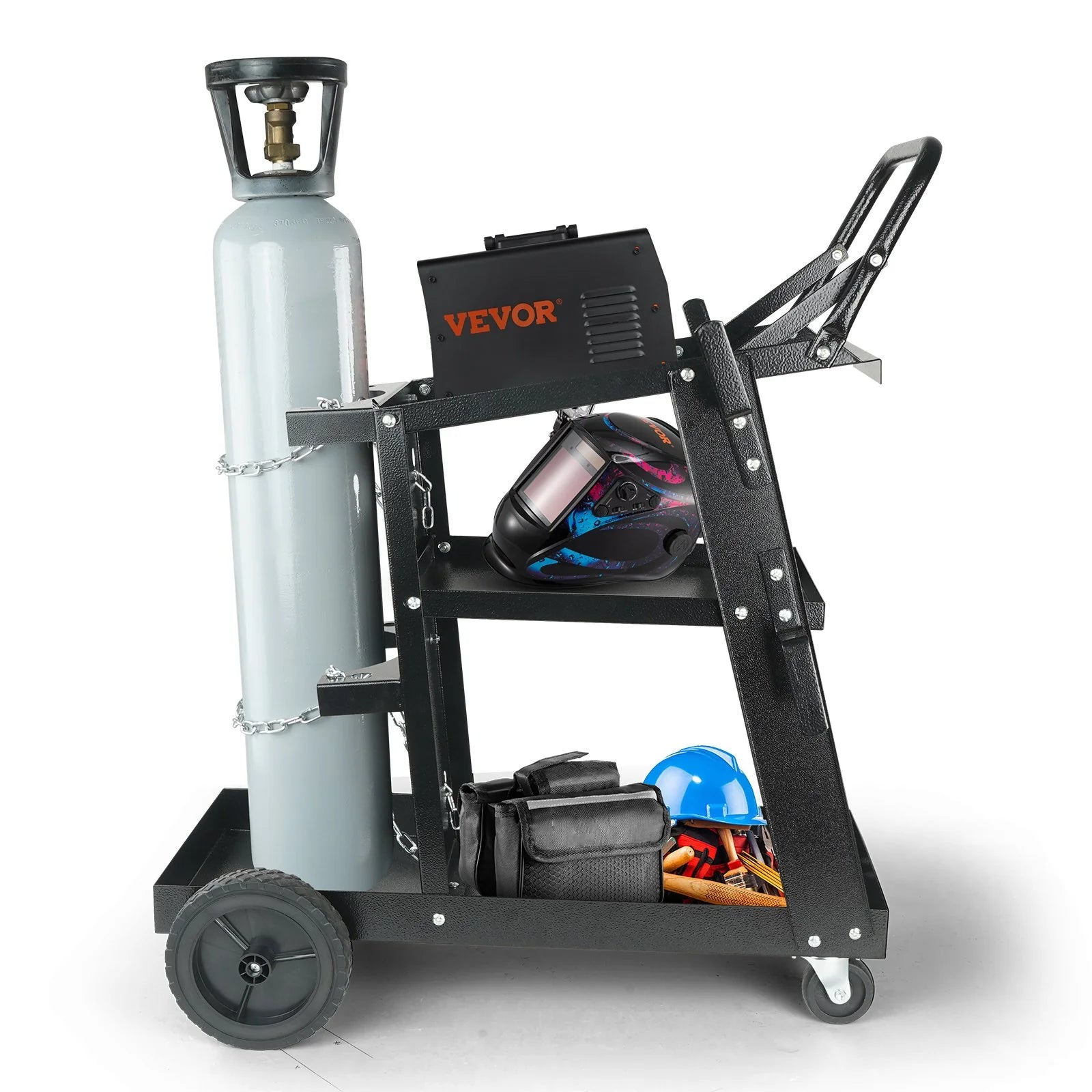 VEVOR Welding Cart, 3-Tier Welder Cart Heavy Duty with 400 Lbs Weight Capacity, 360¡Ã Swivel Wheels, Tank Storage Safety Chains, Rolling MIG Welder Cart for TIG, ARC, MMA, Plasma Cutter Welding Machine