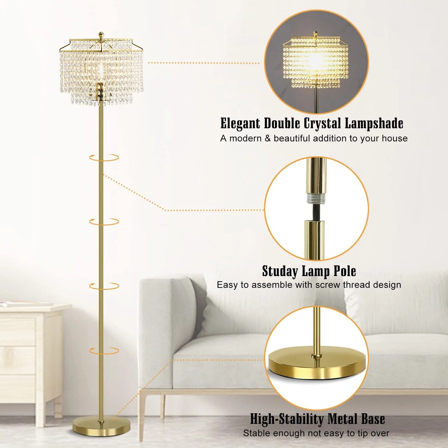 Gold Crystal Floor Lamp , Modern Standing Lamps with Double-Layer Lampshade, On-Off Foot Switch, for Living Room, Bedroom, Office, 8W Bulb Included