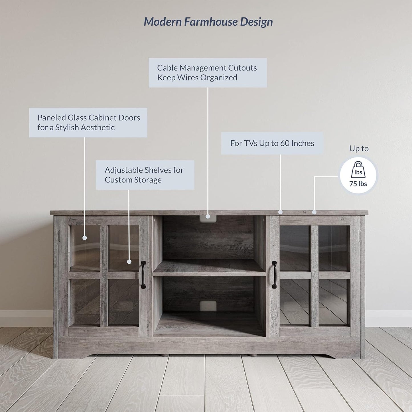 Modern 52 Inch Traditional TV Stand & Media Entertainment Center Console Table for Tvs up to 55 Inch or Sideboard Buffet with Wood Glass Storage Cabinets - Cori (Gray Wash)