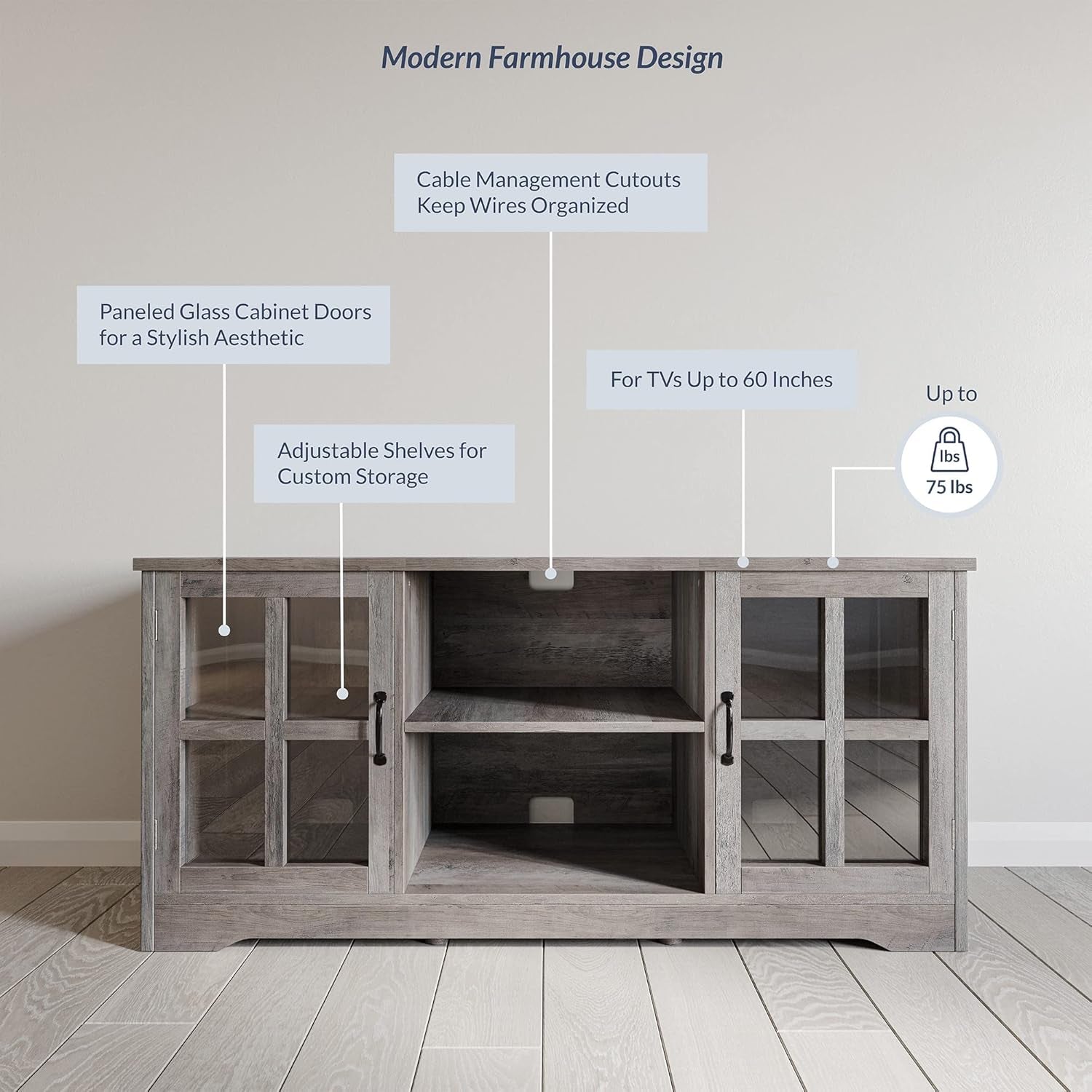 Modern 52 Inch Traditional TV Stand & Media Entertainment Center Console Table for Tvs up to 55 Inch or Sideboard Buffet with Wood Glass Storage Cabinets - Cori (Gray Wash)