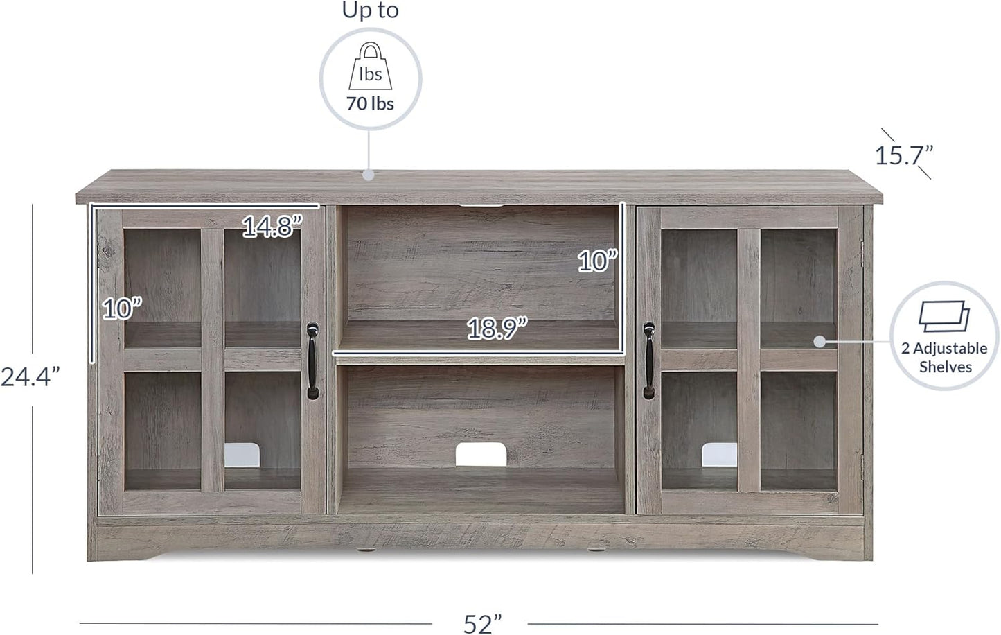 Modern 52 Inch Traditional TV Stand & Media Entertainment Center Console Table for Tvs up to 55 Inch or Sideboard Buffet with Wood Glass Storage Cabinets - Cori (Gray Wash)