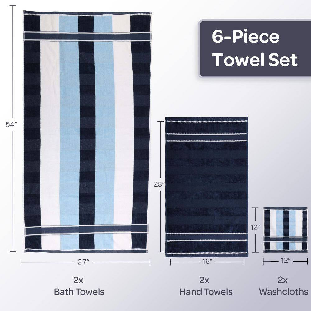 6-Piece Navy Striped 100% Cotton Bath Towel Set