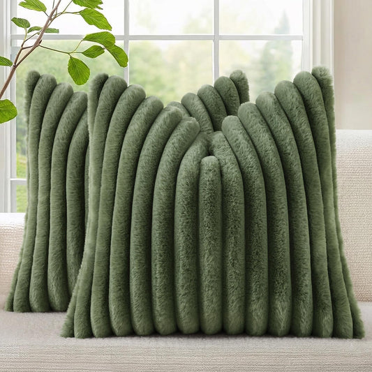 Fall Faux Fur Throw Pillow Covers 18X18 Set of 2 Olive Green