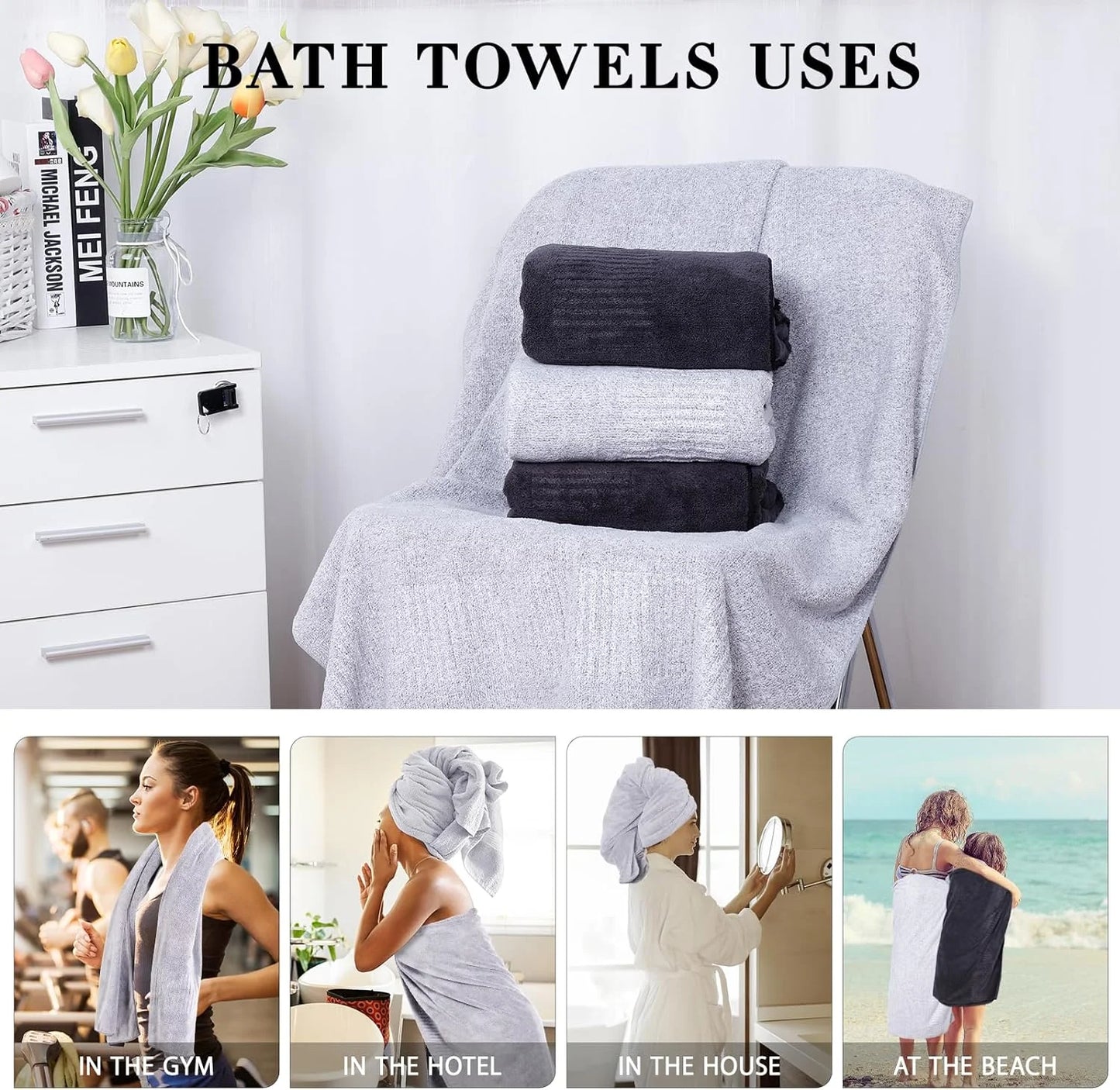 2-Pack 27" X 54" Bath Towels 30% Viscose Made from Bamboo Ultra Soft & Highly Absorbent Solid Premium Bath Towels for Bathroom, Hotels, Spa and Gym, Light Gray