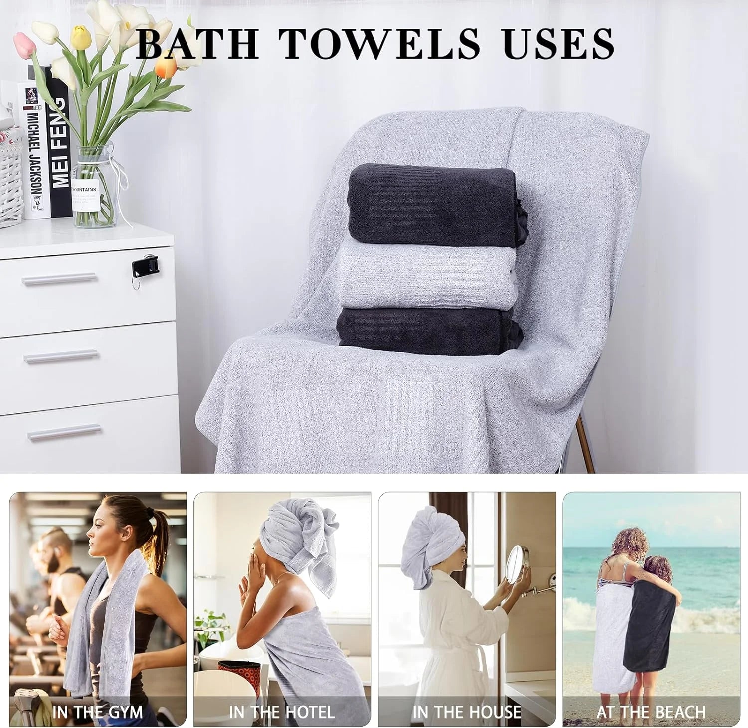 2-Pack 27" X 54" Bath Towels 30% Viscose Made from Bamboo Ultra Soft & Highly Absorbent Solid Premium Bath Towels for Bathroom, Hotels, Spa and Gym, Light Gray