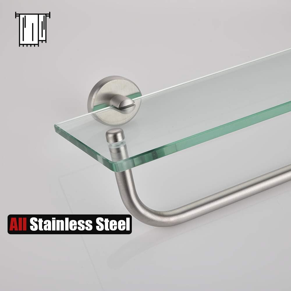 Bathroom Glass Shelf, Shelf with 15 Inch Towel Bar Tempered Glass Shower Storage 16 by 5 Inches, 304 Stainless Steel Brushed Finish Wall Mount, TGS100-BN