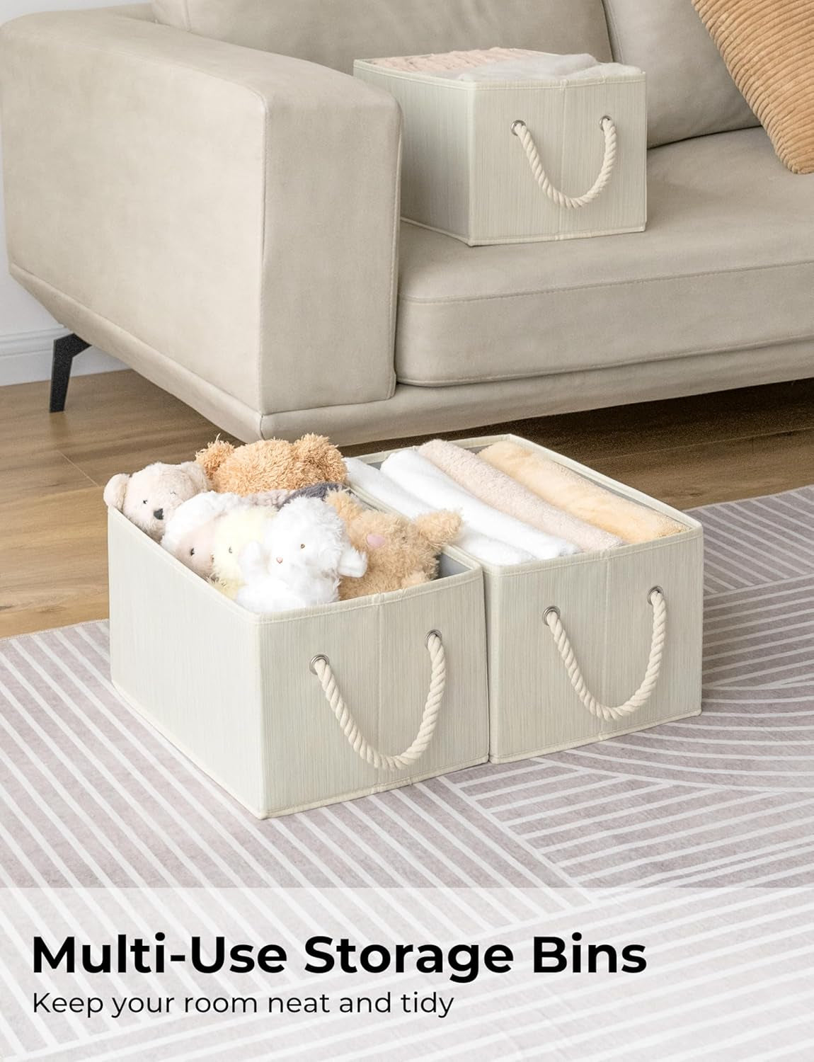 Storage Baskets for Shelves, Foldable Fabric Closet Storage Bins with Handles, Fabric Storage Bins Clothes Organizer, Beige, White & Ivory, 3-Pack, Large