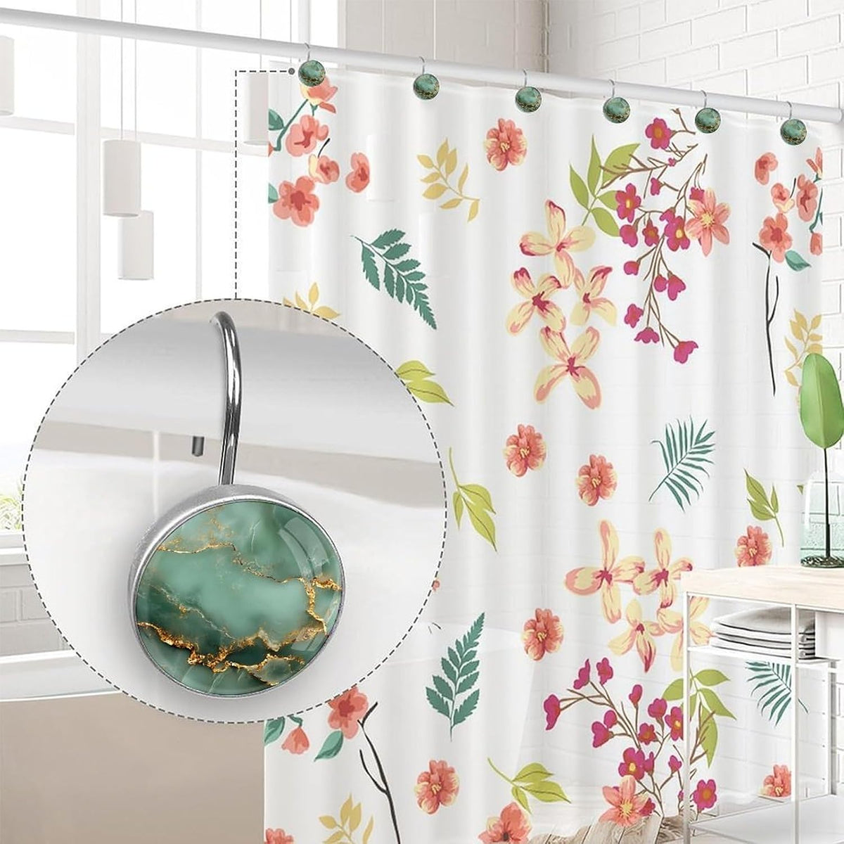 Shower Curtain Hooks Decorative,Marble Curtain Hooks Rust Proof, Set of 12 Shower Hooks for Curtain Rustproof Decorative Shower Rings for Bathroom