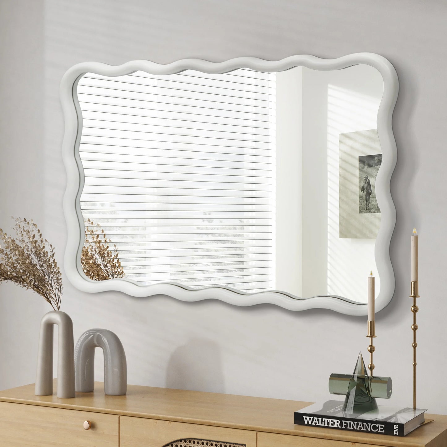 Wavy Mirrors Wall Mirror, 30"X20" Bathroom Mirror Wood Framed, White