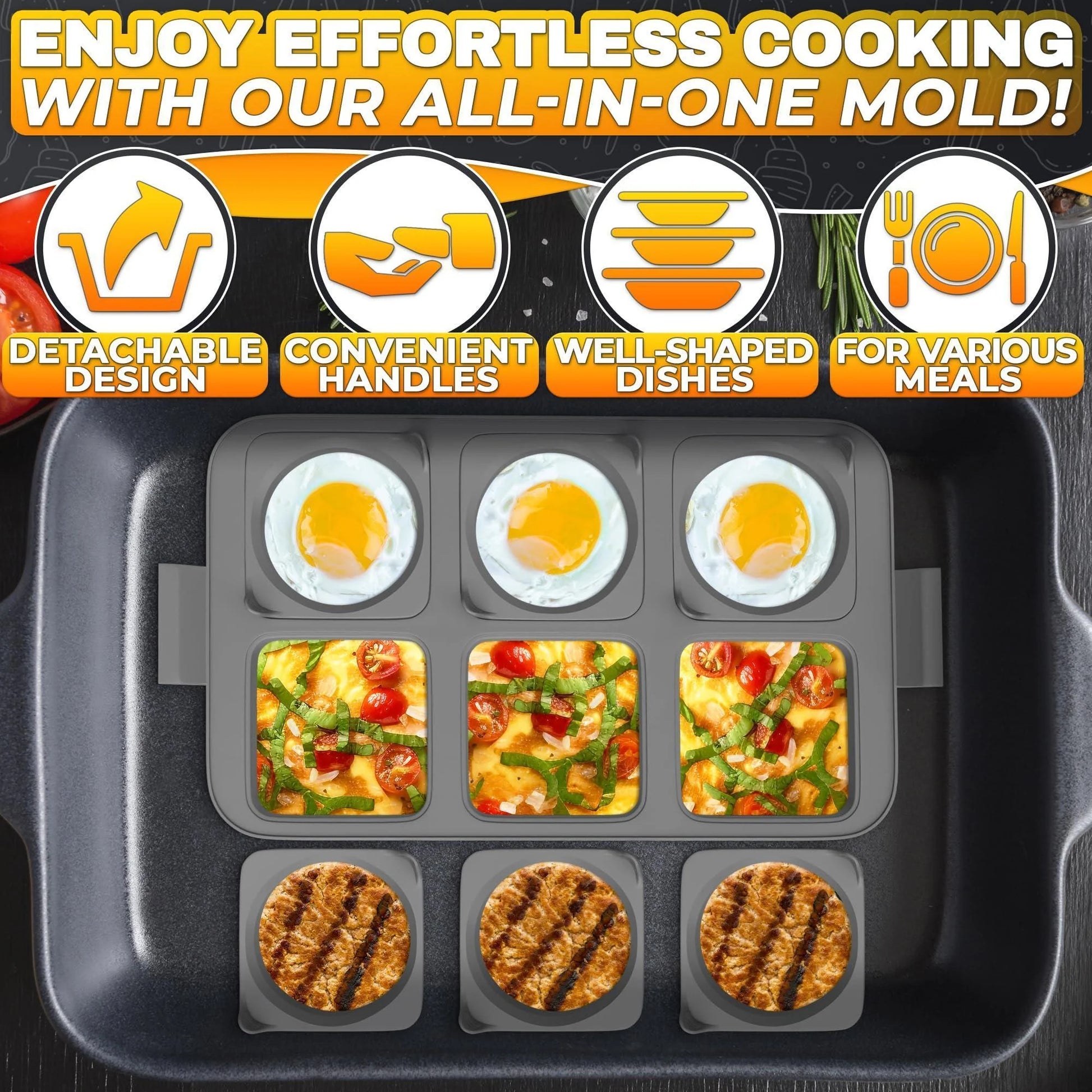 Silicone Egg Rings for Frying Eggs 16.5 X8.9 Inch 6 Ring Removable Silicone Egg Molds for Griddle 12 Shapes 6 round & 6 Square Non Stick & Heat Resistant Ergonomic Handles for Easy Cooking