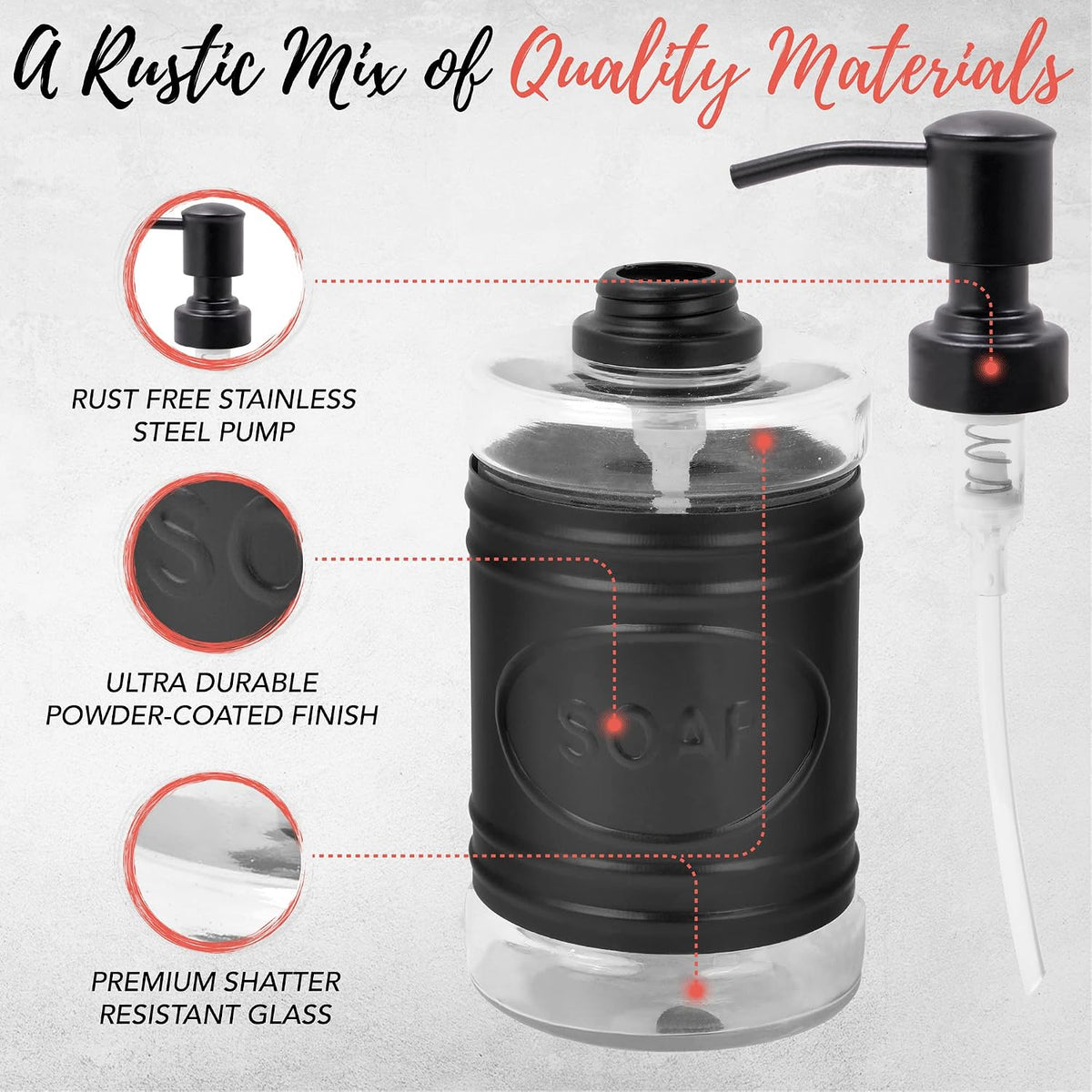 Farmhouse Matte Black Bathroom Accessories Set (4 PCS) - Lotion Soap Dispenser, Black Toothbrush Holder Set, 2 Glass Apothecary Jars (Qtip Holder) - Rustic Bathroom Accessories Set
