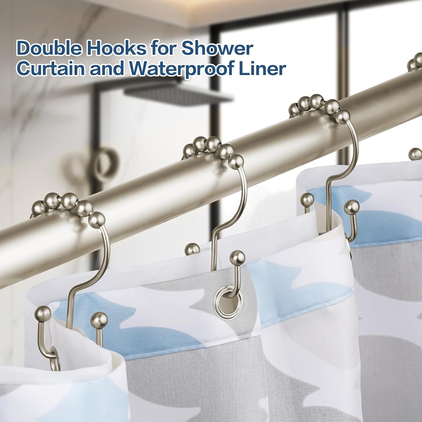 Shower Curtain Hooks, Rust Proof Metal Easy Glide Double Rings, Stainless Steel Hangers for Bathroom Curtains, Set of 12, Brushed Nickel