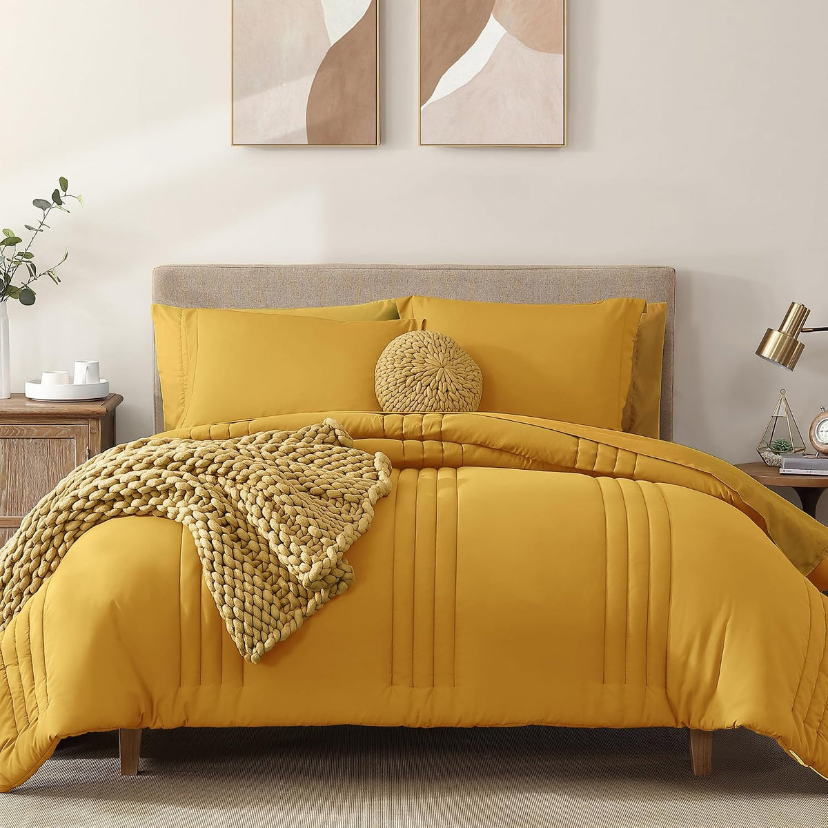 King Size Comforter Set-7 Pieces Yellow Soft Bed in a Bag King Bedding Sets