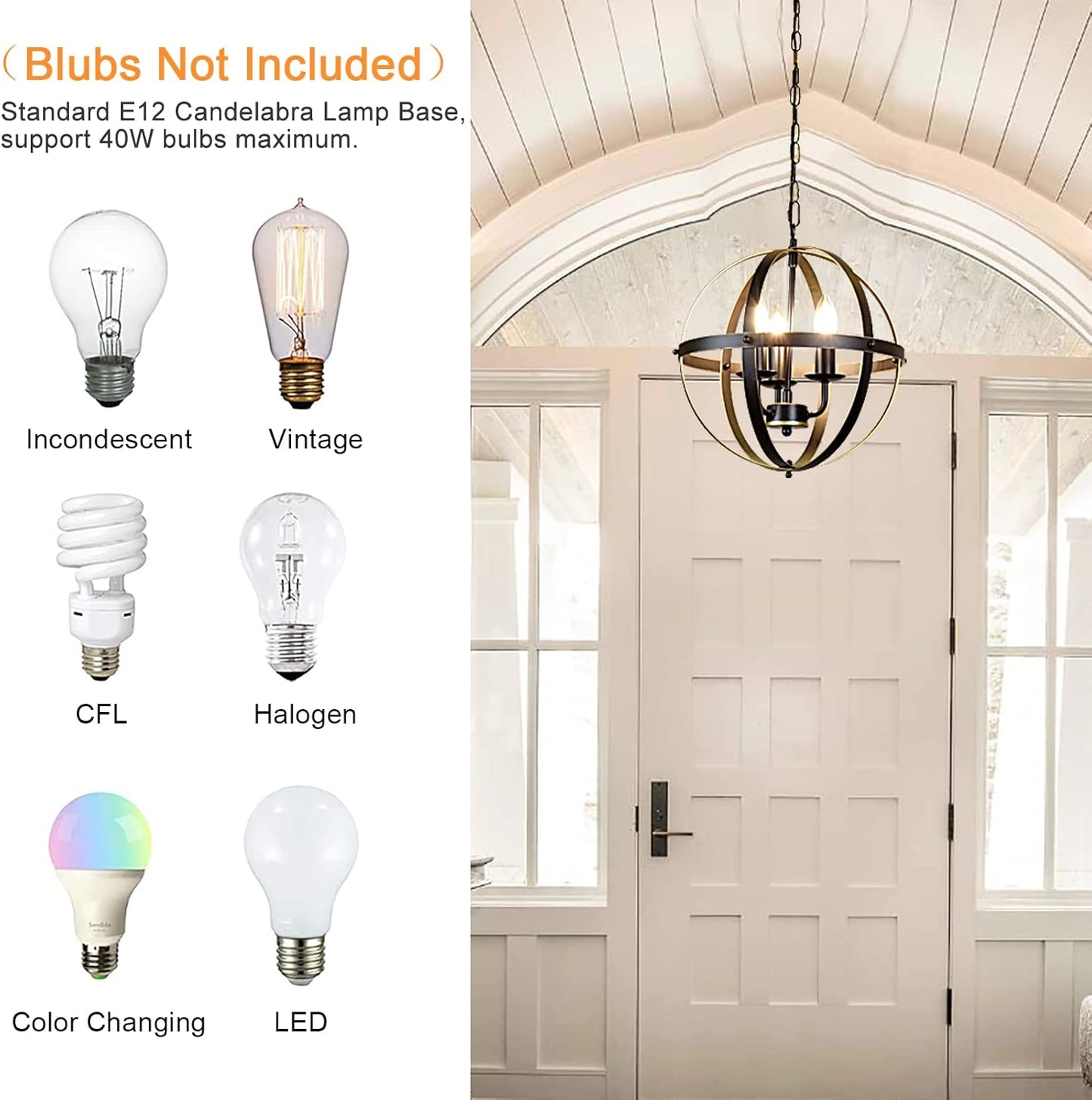 DLLT Chandelier Farmhouse Hanging Lighting, 3 Lights Globe Ceiling Light Fixture, Metal Swag Pendant Lighting for Kitchen, Dining Room, Living Room, Hallway, Bedroom, Entryway, E12 Base Gold