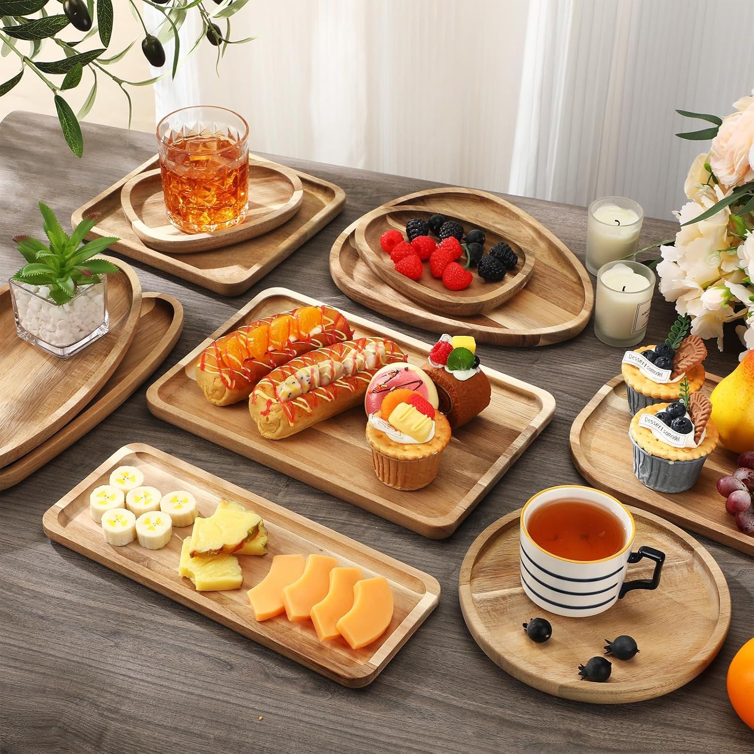 Set of 10 Acacia Wood Serving Platter and Trays Multi Shape Wood Plates Serving Tray Acacia Wooden Charcuterie Board for Cookie Dessert Coffee Wedding Housewarming Gift(Classic Style)