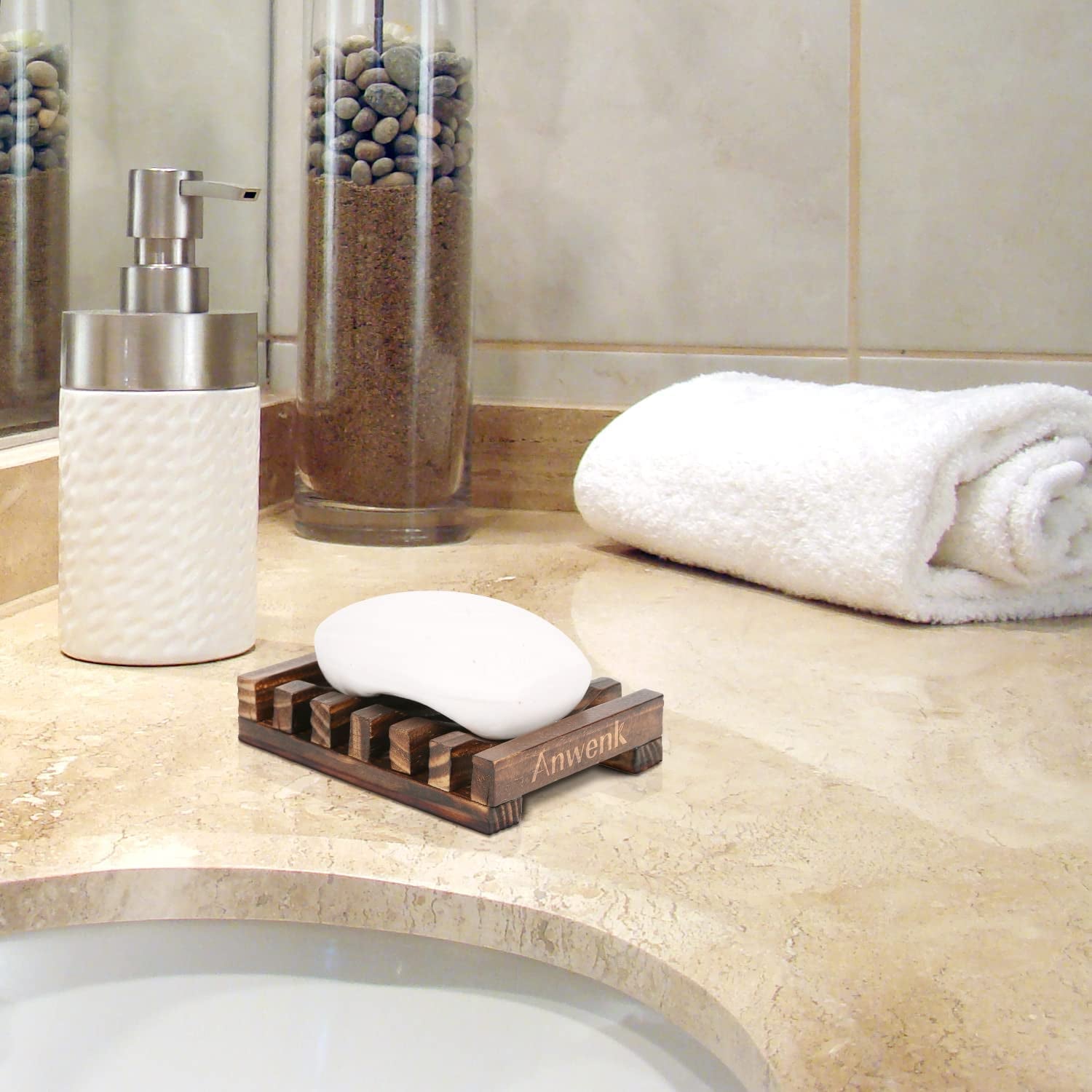 Wooden Soap Dish Hand Crafted Rectangular Sink Drainer for Soap, Sponges and More (1 Pack)