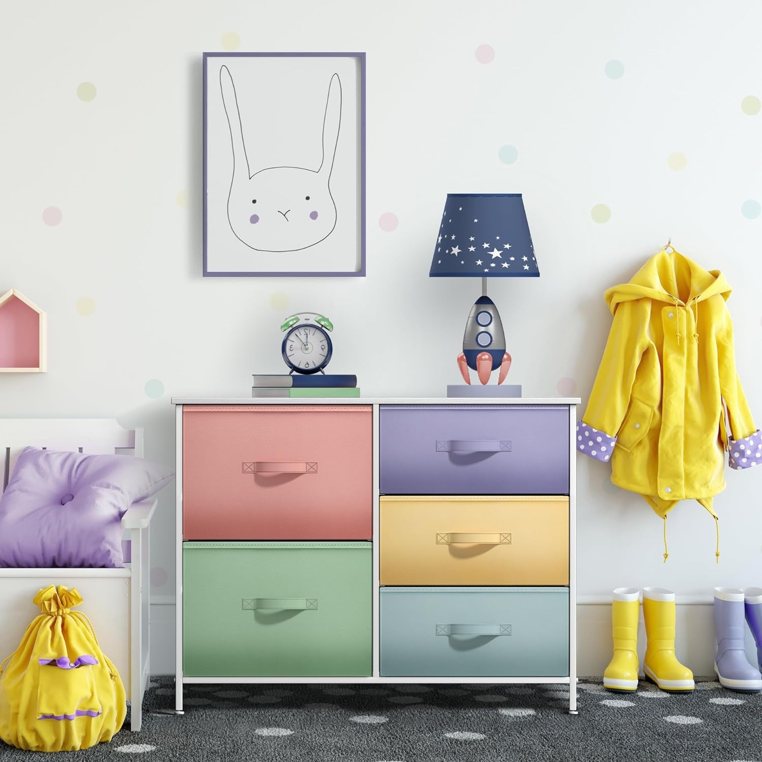 Kids Dresser with 5 Drawers - Storage Chest Organizer Unit with Steel Frame, Wood Top & Handles, Tie-Dye Fabric Bins for Clothes - Wide Furniture for Bedroom Hallway Kids Room Nursery & Closet