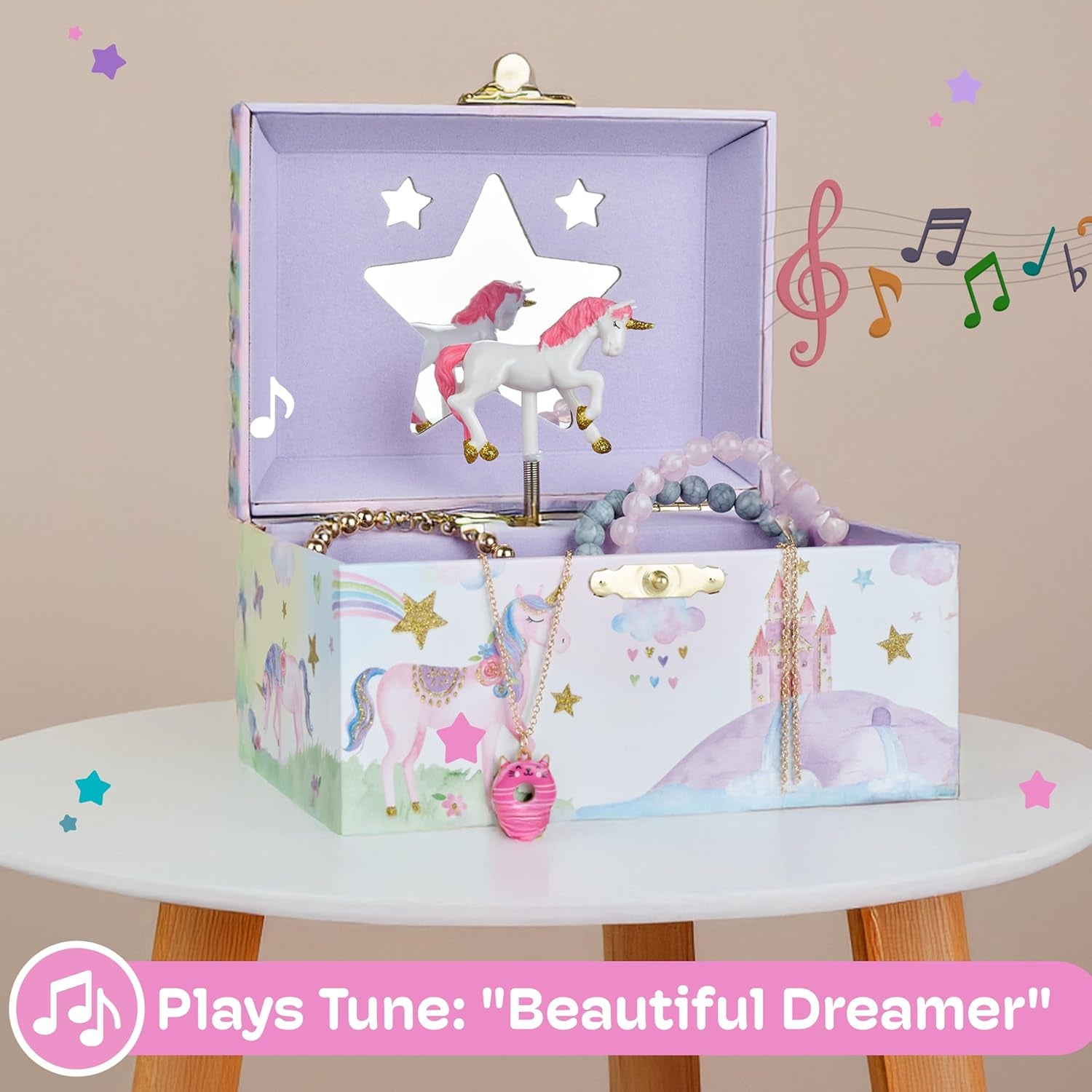 Musical Jewelry Box for Girls with Spinning Unicorn, Glitter Rainbow and Stars Design Music Box for Necklace, Earrings, and Accessories, Plays the Beautiful Dreamer Tune
