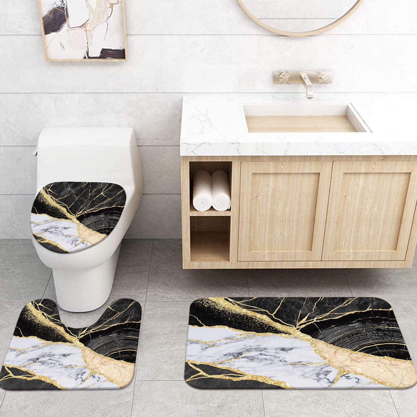 Black Gold Marble Shower Curtain Sets with Rugs, 16 Pc Modern Abstract Bathroom Sets, Waterproof Fabric Bathroom Curtain Decor with Hooks