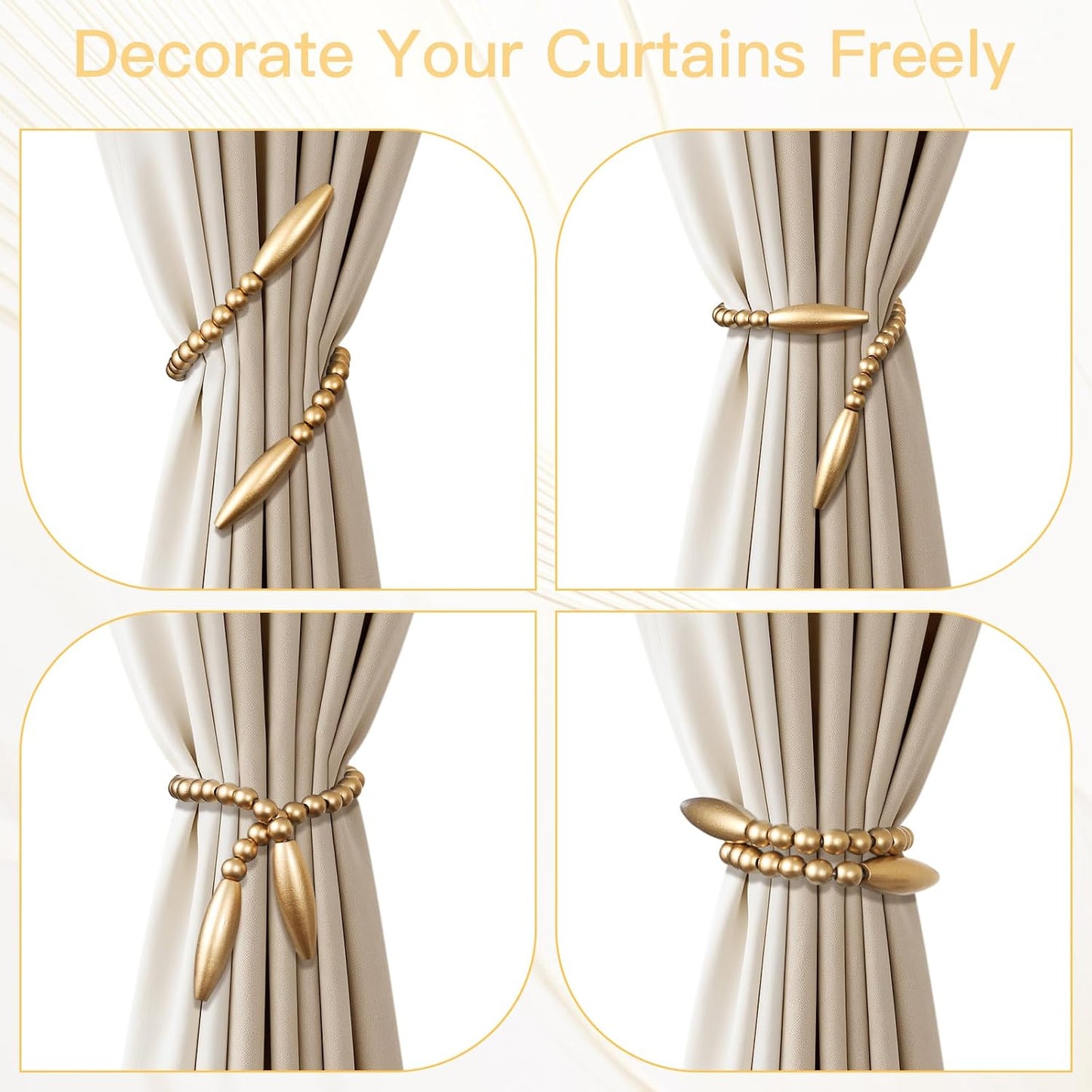 Wood Bead Curtain Tiebacks 2 Pack, No Drill Curtain Holdbacks for Boho Decor, Nursery & Bedroom - Creative Clips & Hooks for Drapes, Farmhouse Window Decor with Twist Design (2, Gold)